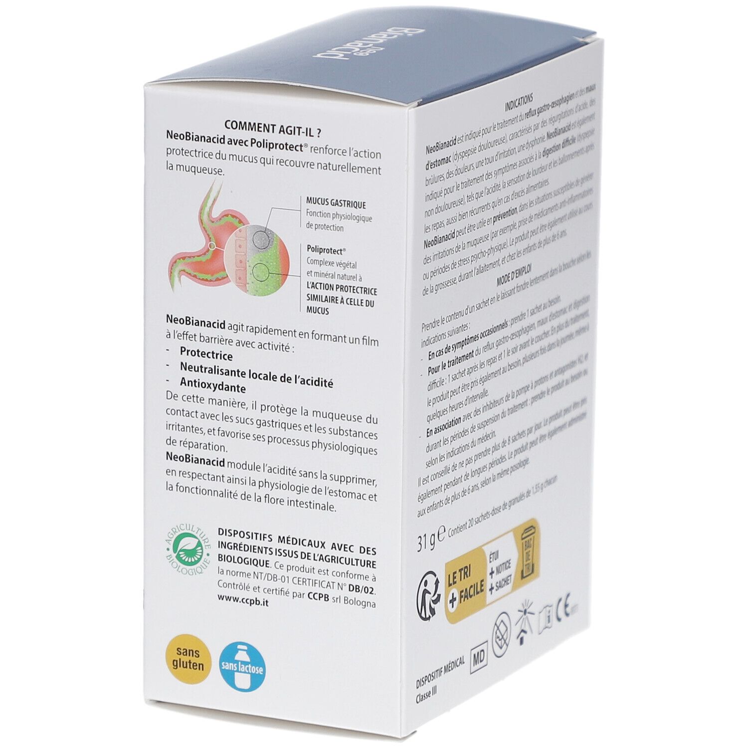 Côté de la boîte NeoBianacid. Description du mode d'action. Certifications et logos. Contient 20 sachets de granulés.