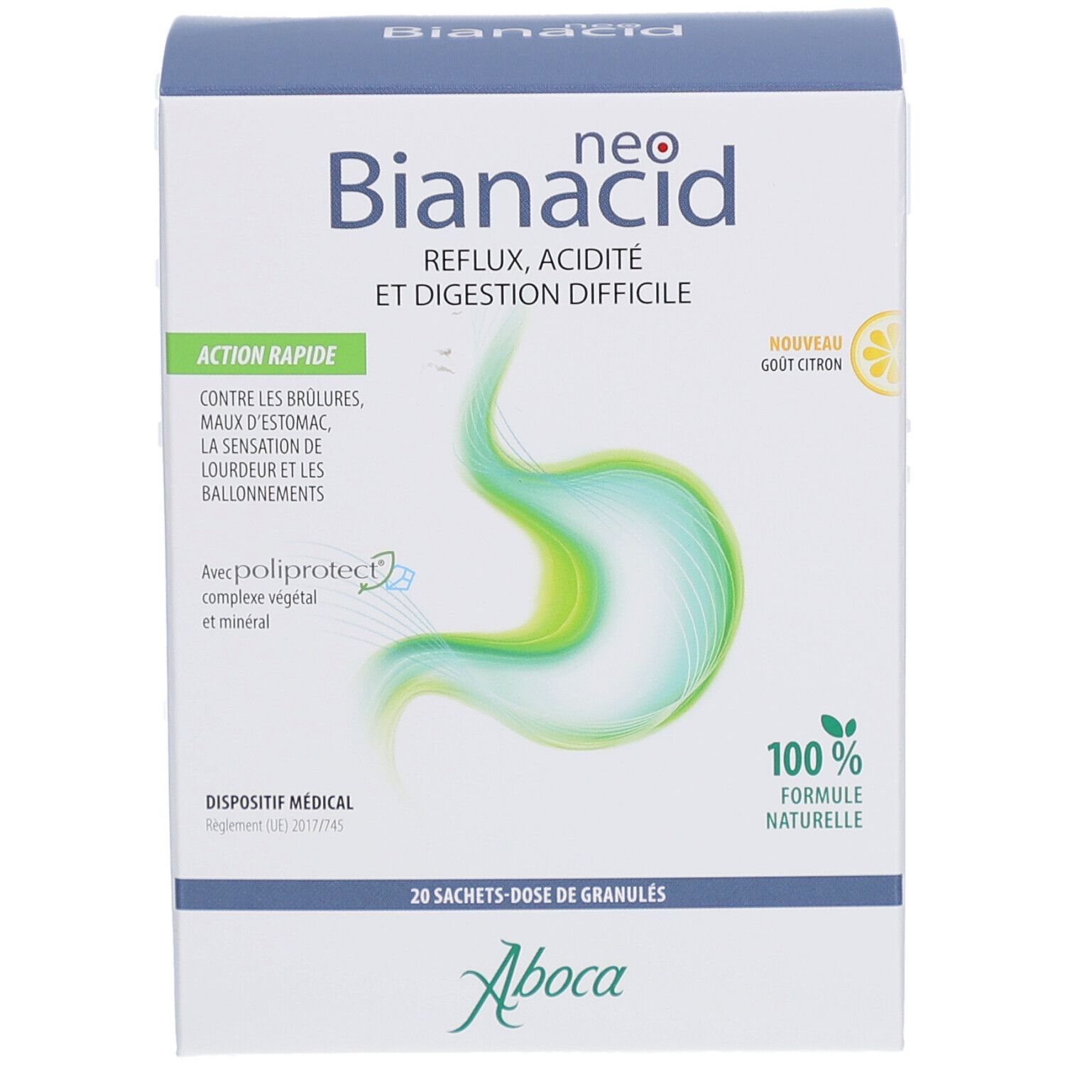 Face avant de la boîte NeoBianacid. Inscription: Reflux, acidité et digestion difficile. Contient 20 sachets de granulés. Logo.