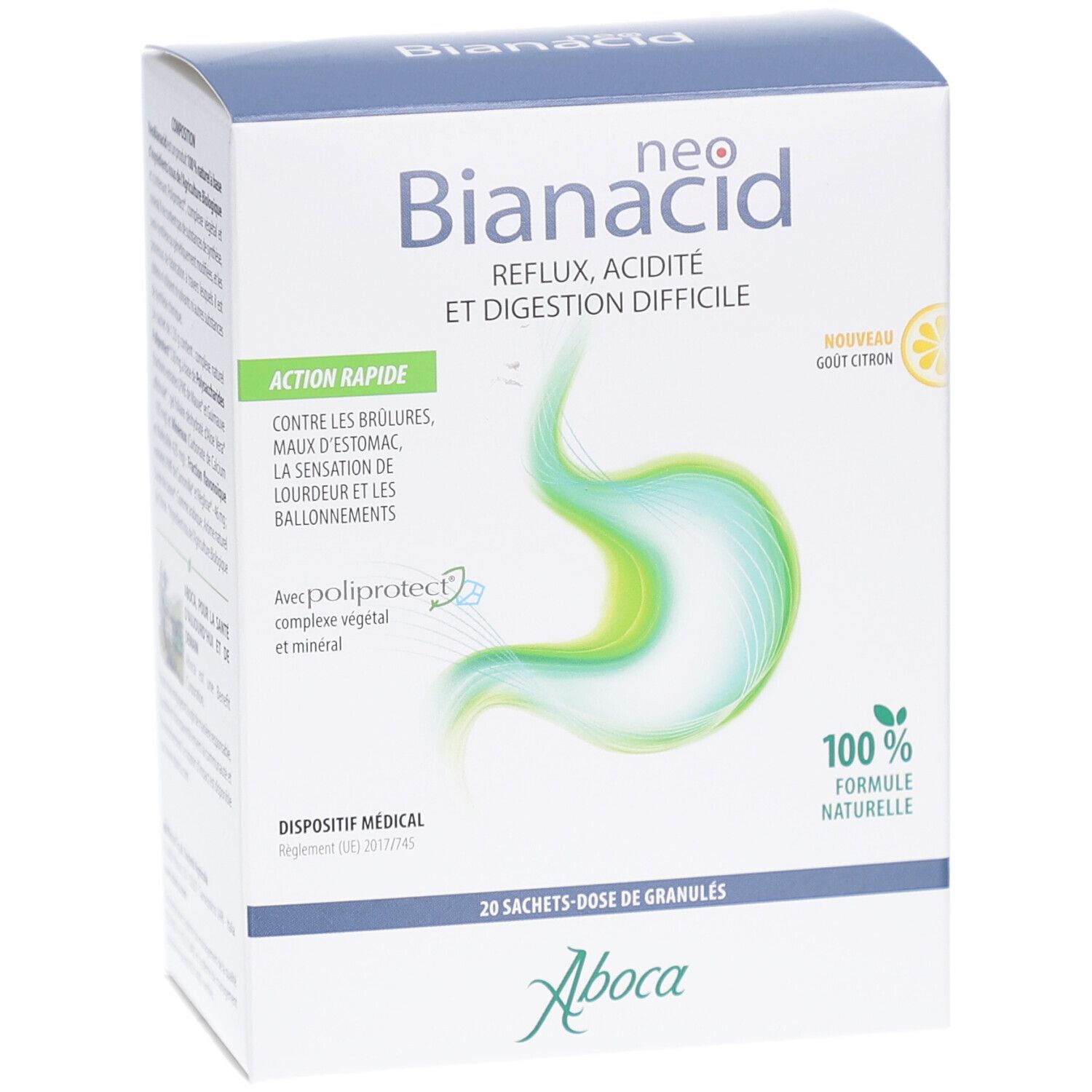 Face avant de la boîte NeoBianacid. Inscription: Reflux, acidité et digestion difficile. Contient 20 sachets de granulés. Logo.