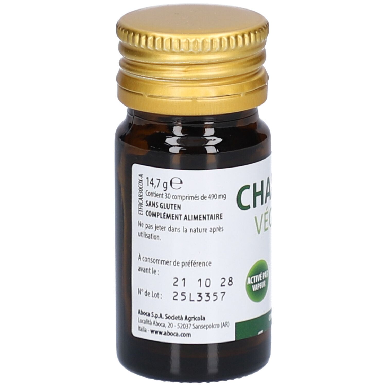 Flacon en verre brun, bouchon doré. Étiquette avec texte. Contient 30 comprimés. Sans gluten. Complément alimentaire.