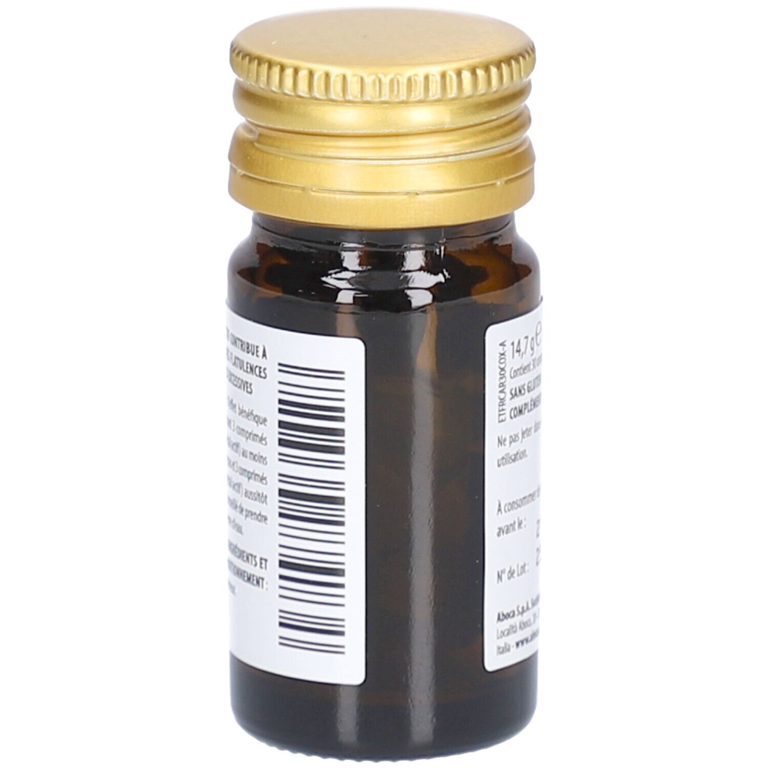 Flacon en verre brun, bouchon doré. Étiquette avec texte. Contient des informations sur le produit et les ingrédients.