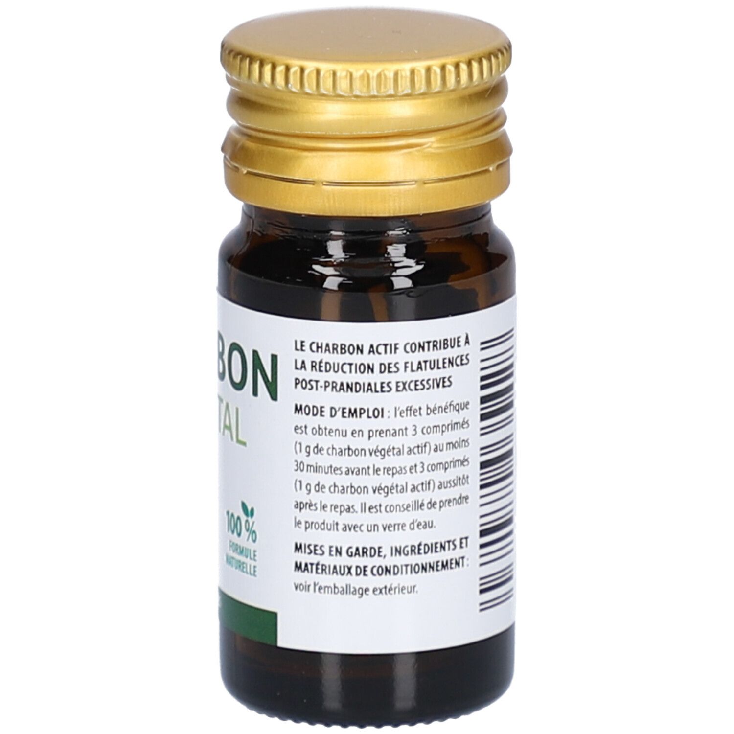 Flacon en verre brun, bouchon doré. Étiquette avec texte. Contient des informations sur l'utilisation et les ingrédients.