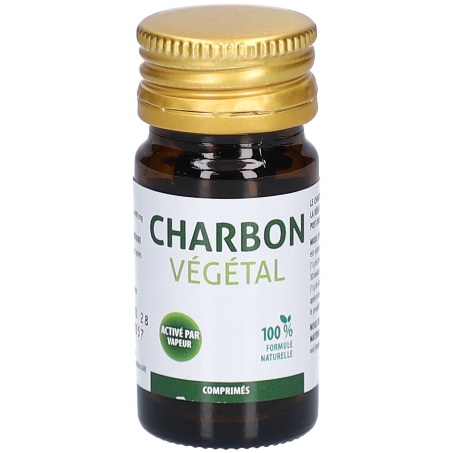 Flacon en verre brun, bouchon doré. Étiquette avec texte. Contient le nom du produit et d'autres informations.