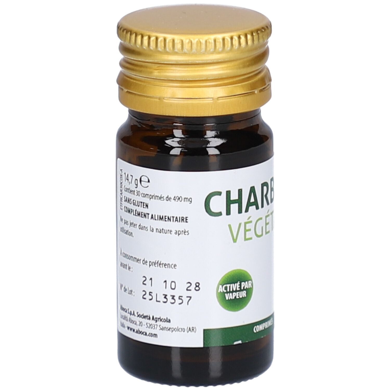 Flacon en verre brun, bouchon doré. Étiquette avec texte. Contient 30 comprimés. Sans gluten. Complément alimentaire.