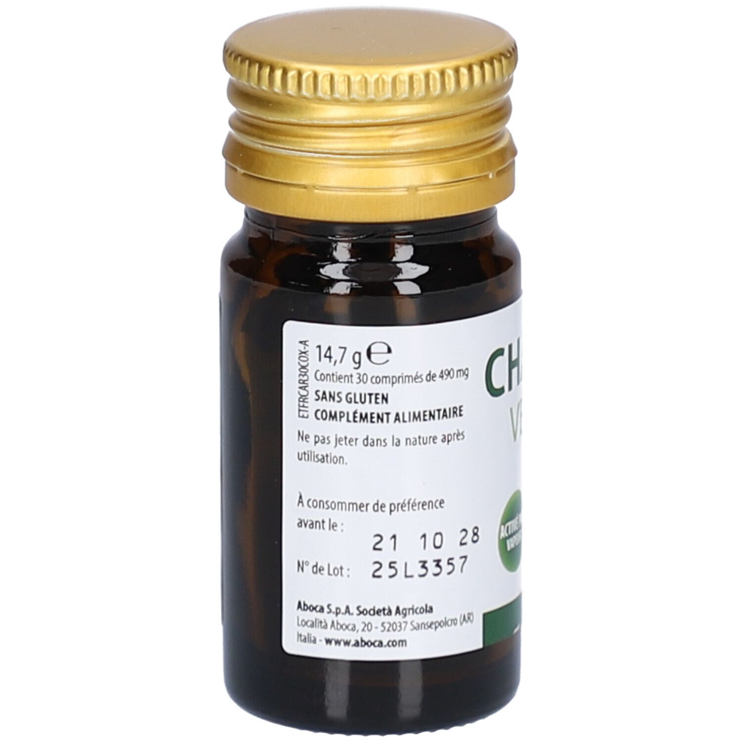 Flacon en verre brun, bouchon doré. Étiquette avec texte. Contient 30 comprimés. Sans gluten. Complément alimentaire.