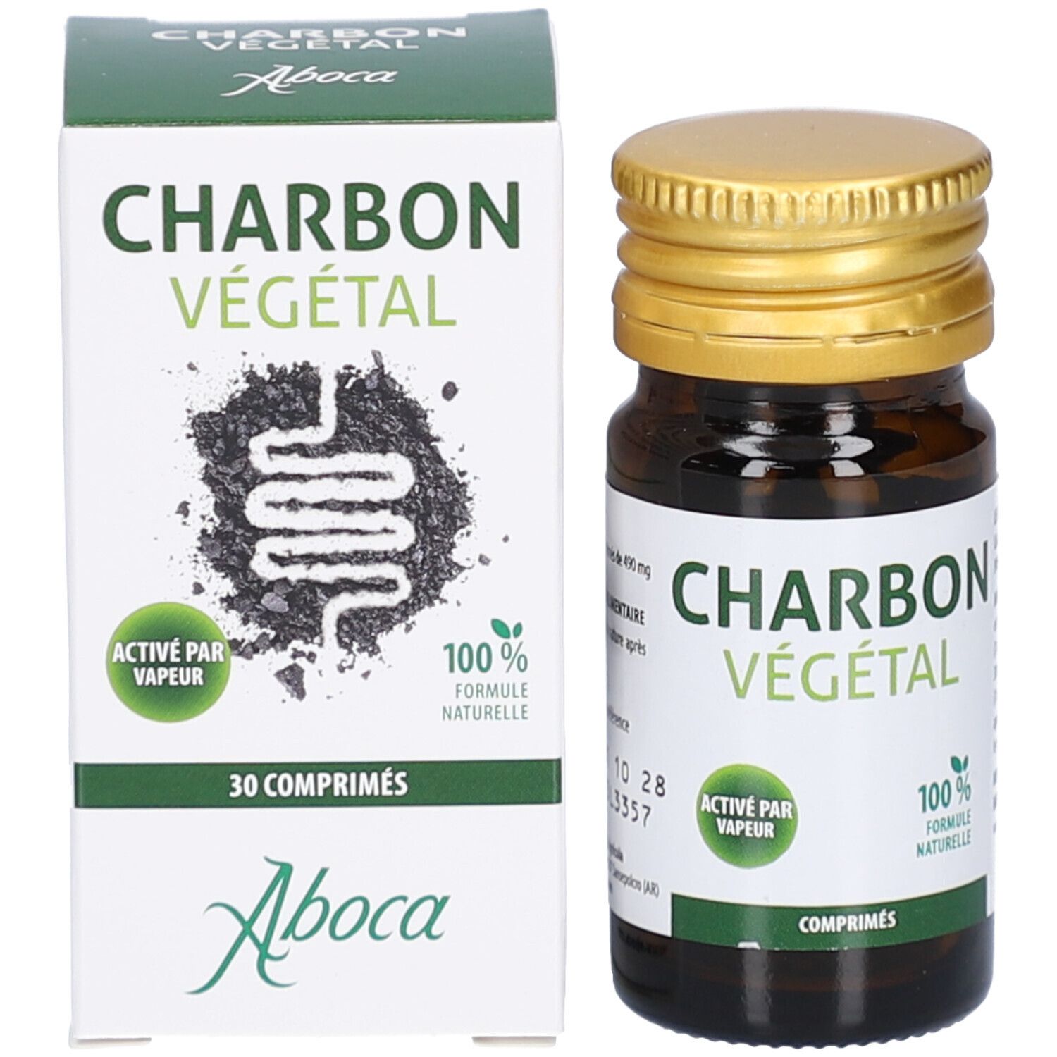 Emballage du produit avec flacon. Boîte avec nom du produit et illustration. Flacon en verre brun, bouchon doré.