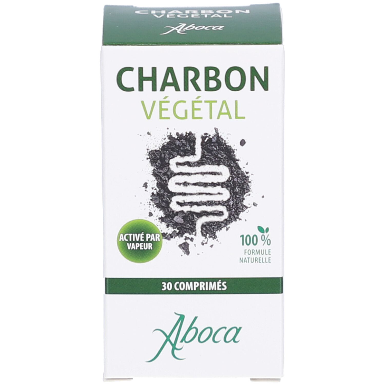 Emballage du produit. Boîte avec nom du produit, illustration et logo. Contient 30 comprimés. 100% naturel.