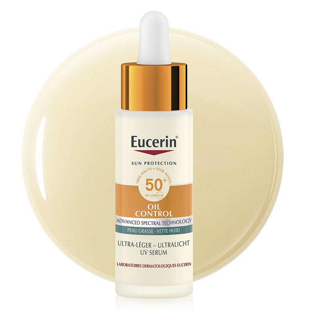 Sérum UV Ultra-léger Sun Oil Control SPF 50+ Eucerin. Flacon avec pipette. Goutte jaune en arrière-plan.