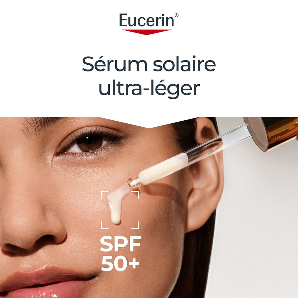 Sérum Eucerin appliqué sur le visage. Pipette. Texte : SPF 50+.