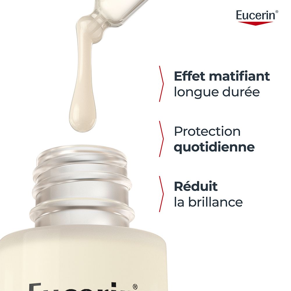 Sérum Eucerin. Texte : Effet matifiant longue durée, Protection quotidienne, Réduit la brillance.