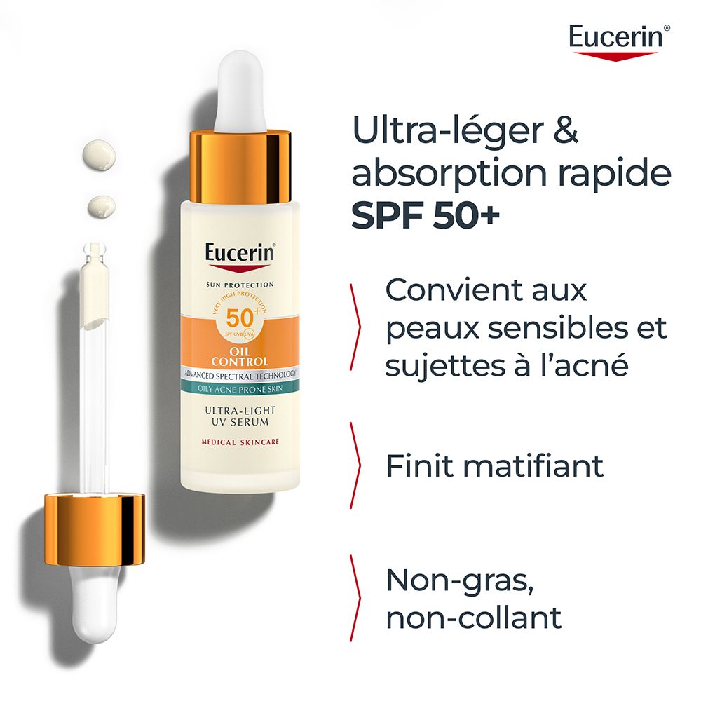 Sérum UV Ultra-léger Sun Oil Control SPF 50+ Eucerin. Flacon et pipette. Texte : SPF 50+.