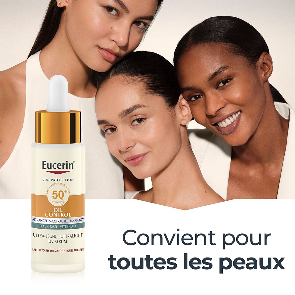 Trois femmes. Sérum Eucerin. Texte : Convient pour toutes les peaux.