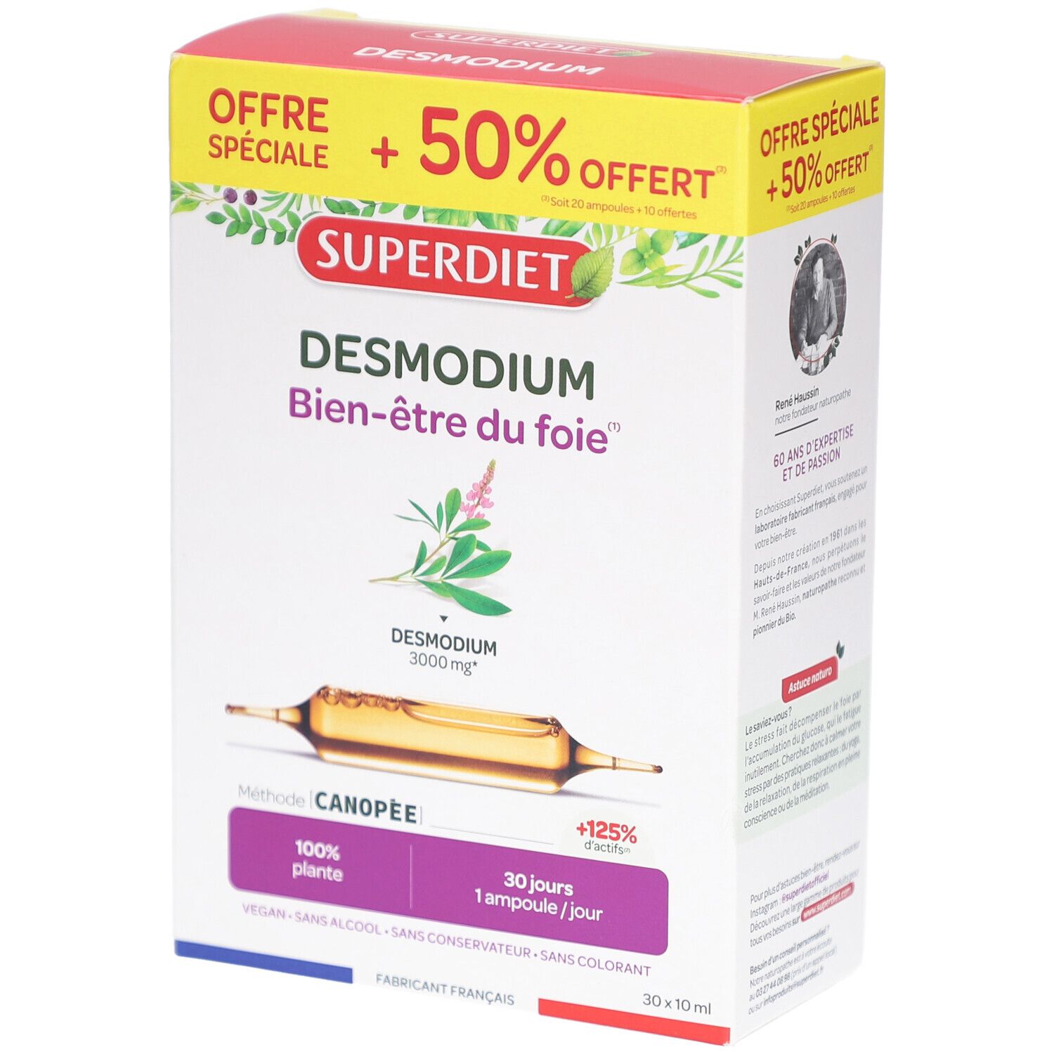 Boîte de SUPERDIET DESMODIUM. Inscription, logo et informations produit. Ampoule en verre visible.