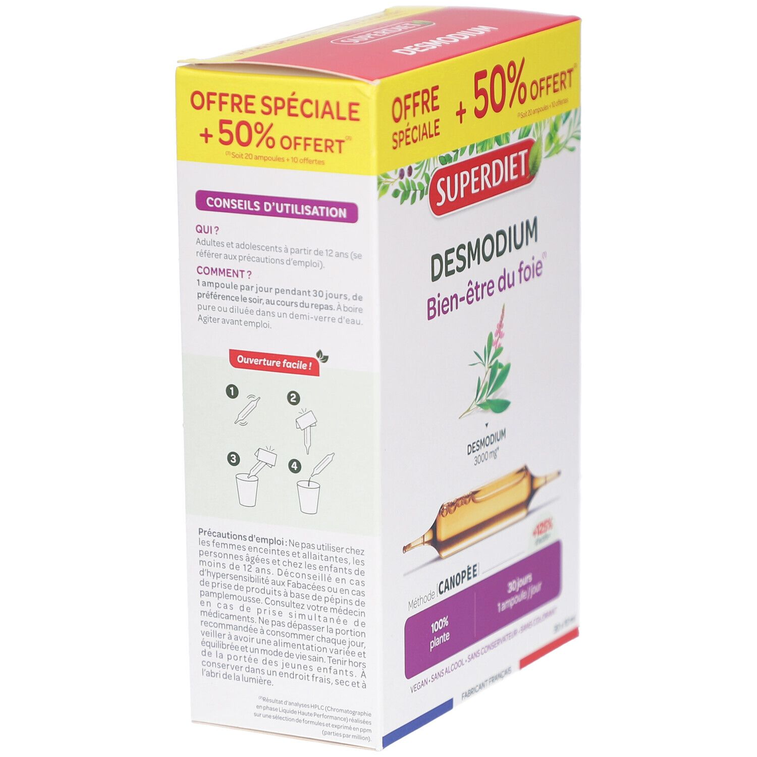 Dos de la boîte SUPERDIET DESMODIUM. Conseils d'utilisation et informations produit.