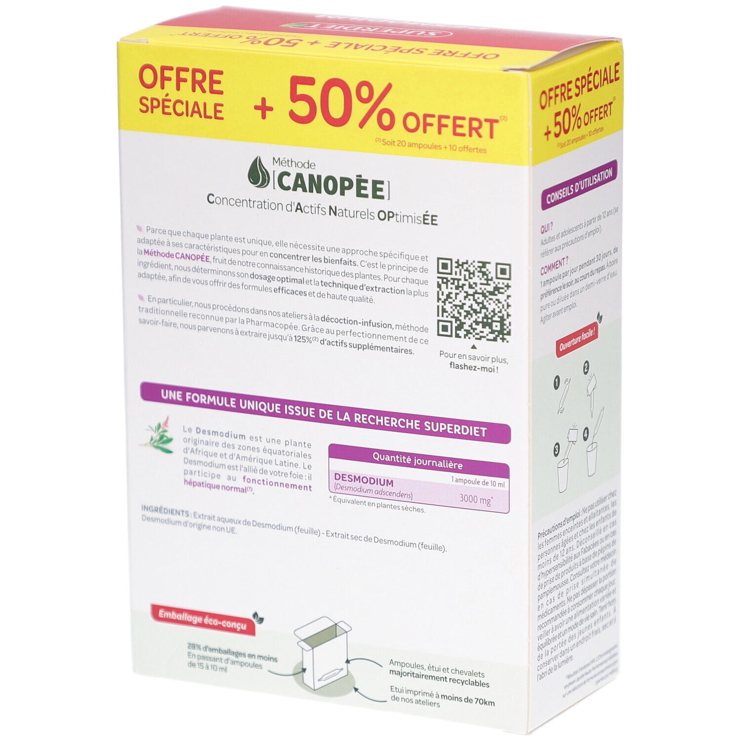 Dos de la boîte SUPERDIET DESMODIUM. Informations produit, QR code et consigne de tri.