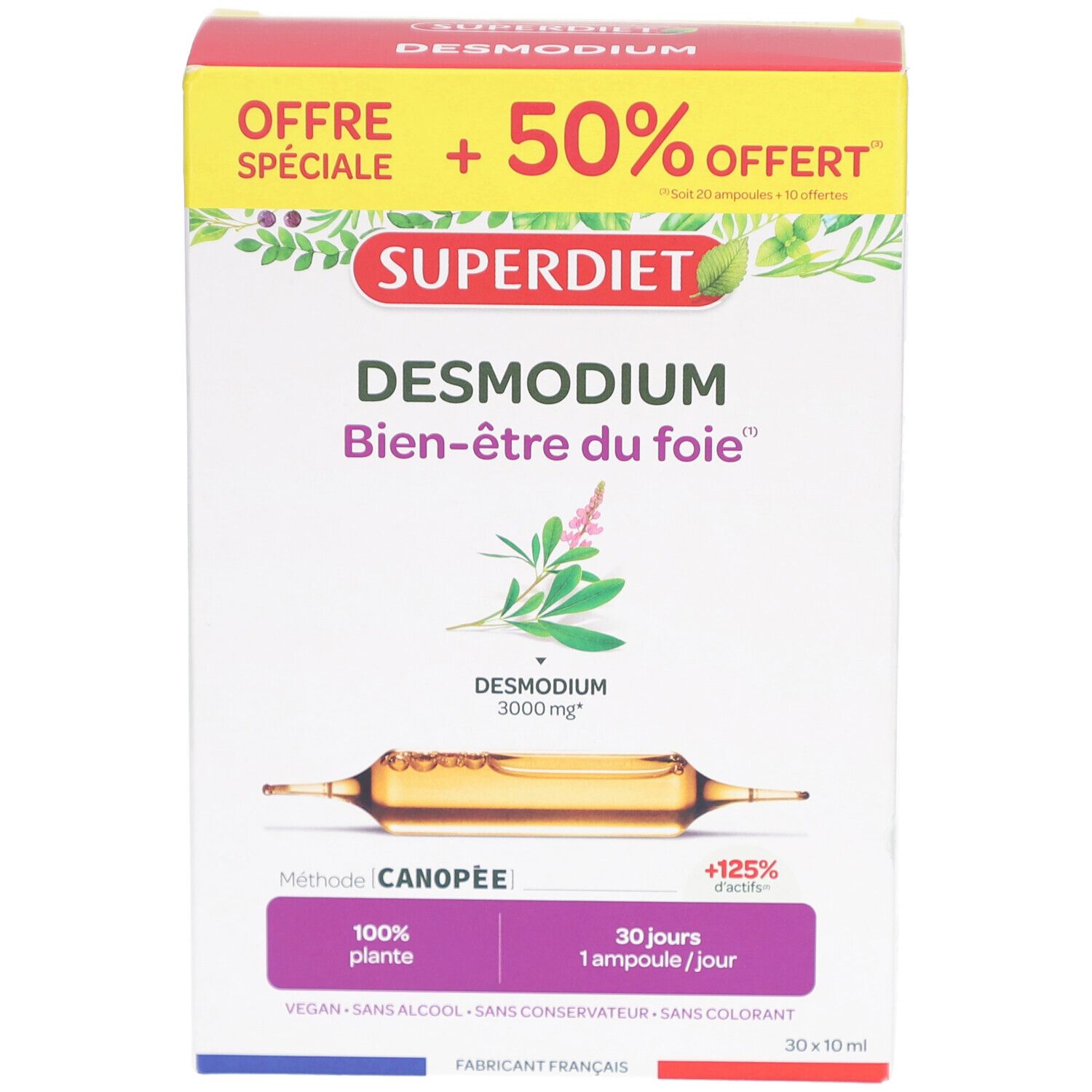 Face avant de la boîte SUPERDIET DESMODIUM. Nom du produit, logo et ampoule.