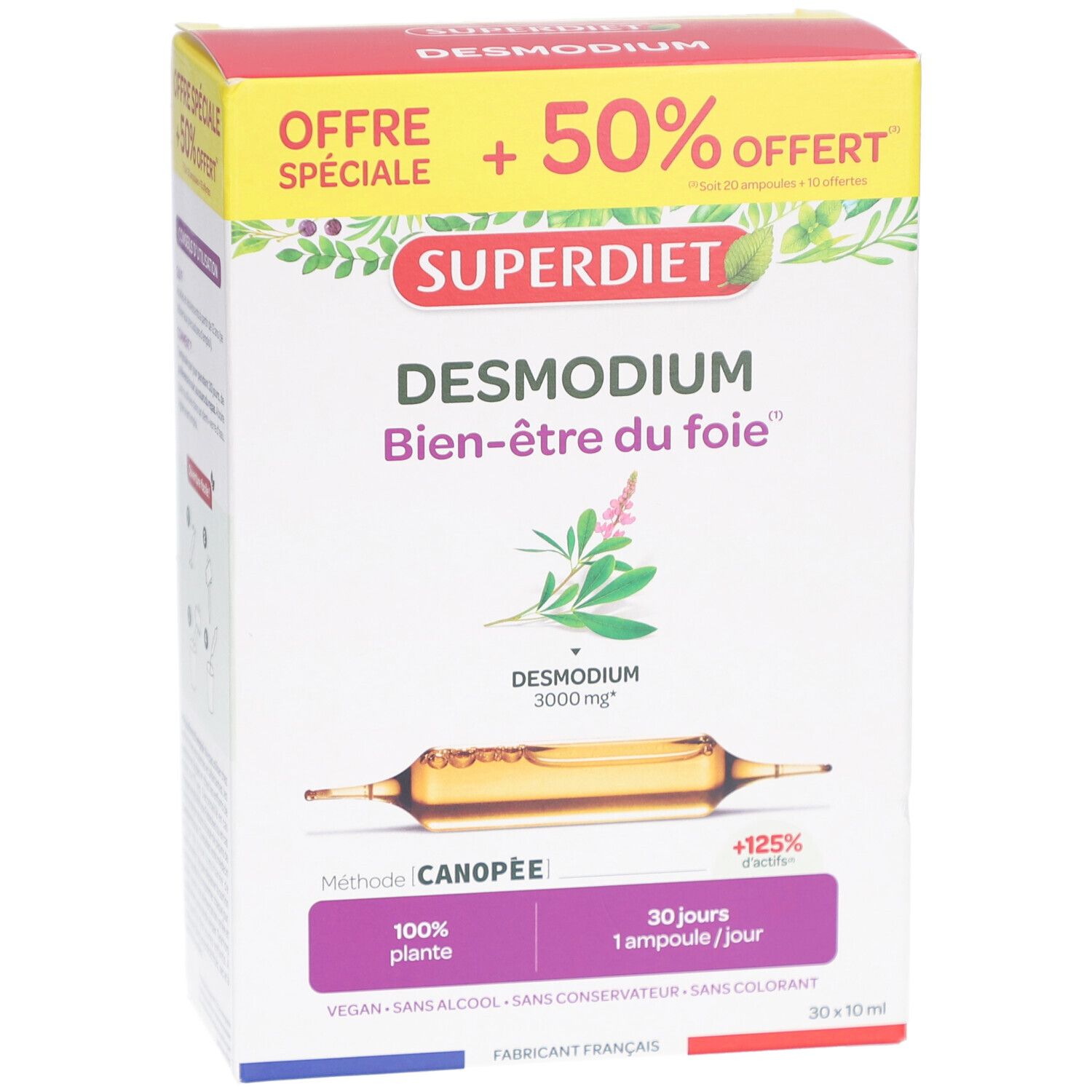Face avant de la boîte SUPERDIET DESMODIUM. Nom du produit, logo et ampoule.