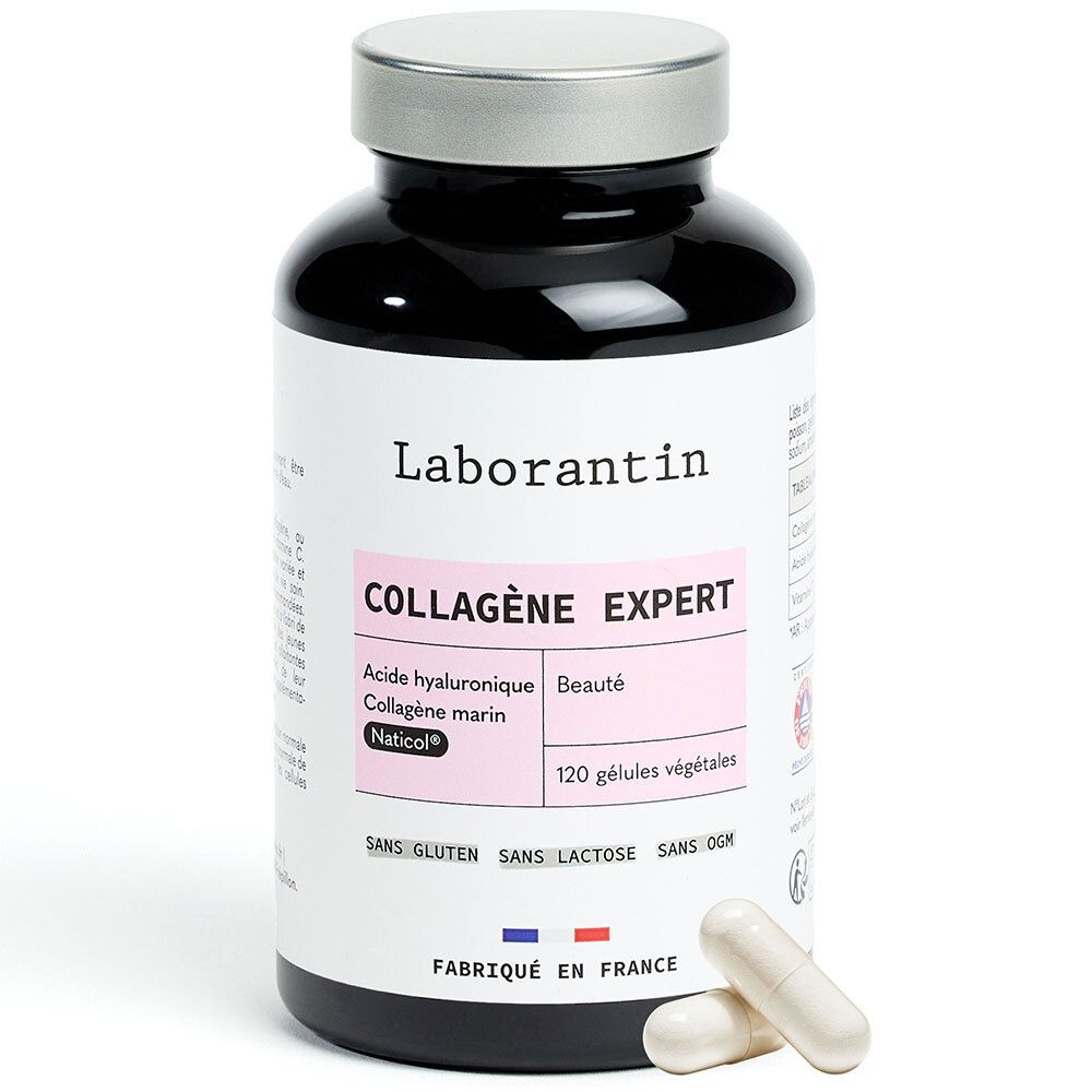 Flacon noir avec gélules blanches. Inscription Laborantin, Collagène Expert, 120 gélules végétales. Fabriqué en France.