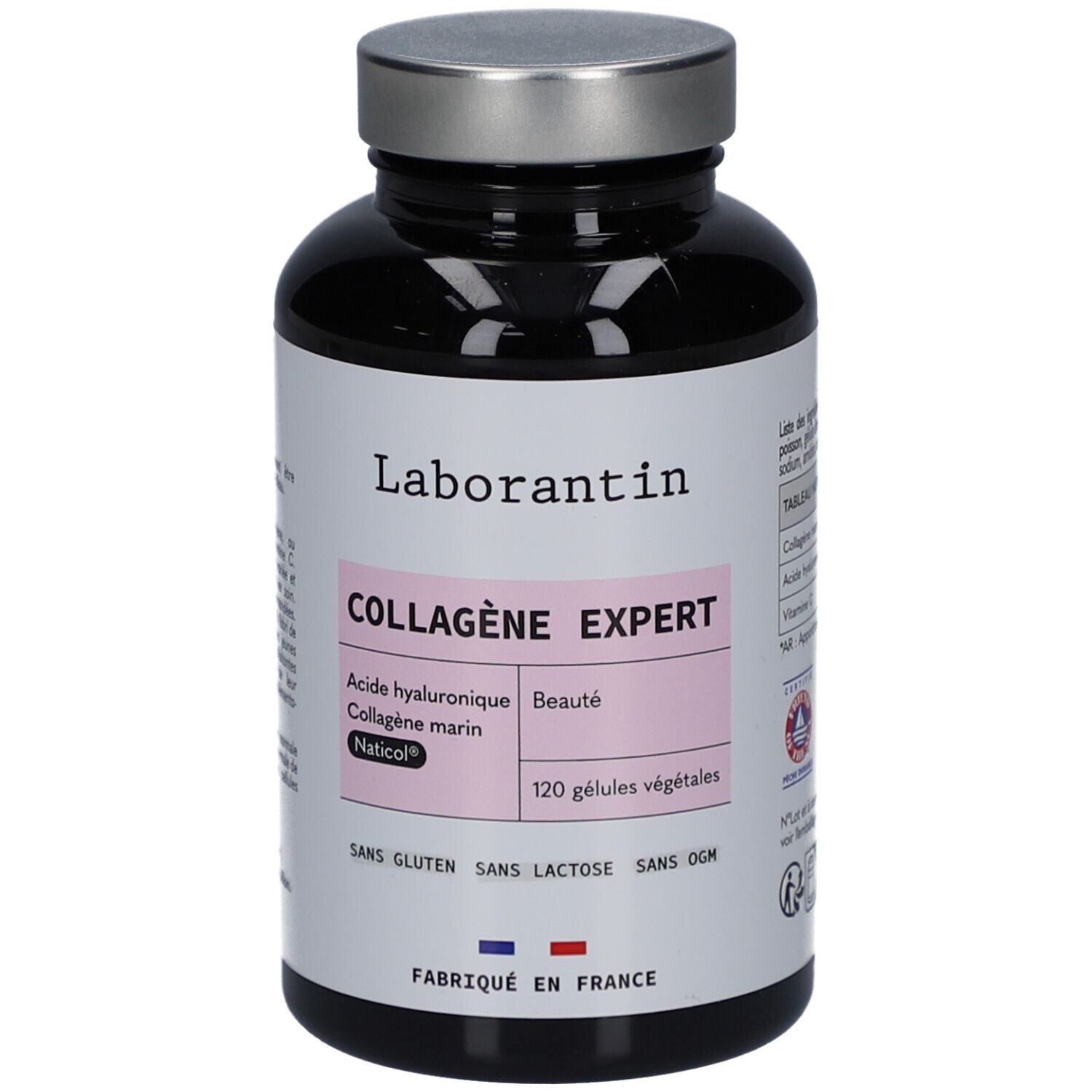Flacon noir avec bouchon argenté. Étiquette "Laborantin", "Collagène Expert", ingrédients et 120 gélules. Sans gluten, lactose, OGM.