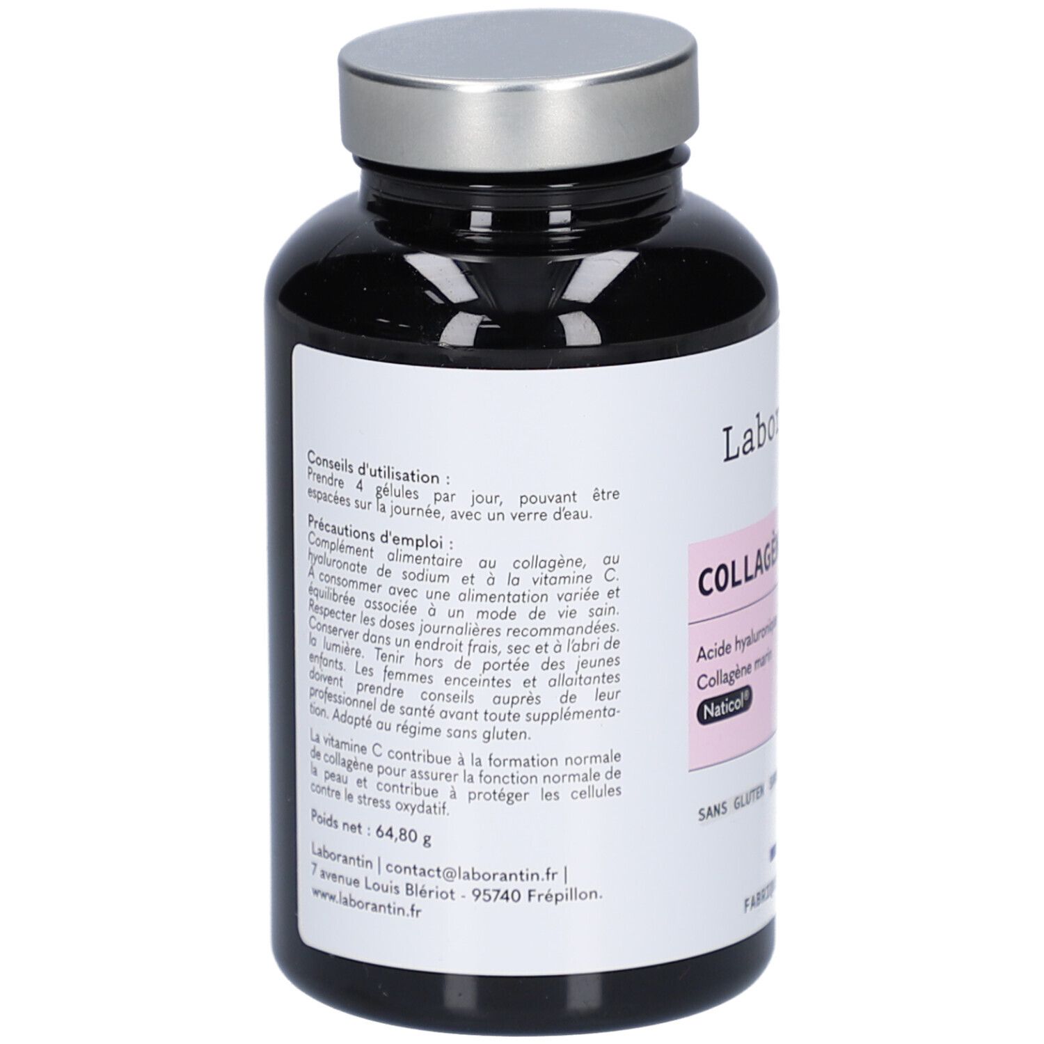 Dos du flacon noir. Étiquette avec conseils d'utilisation, précautions et ingrédients. Poids net : 64,80 g.