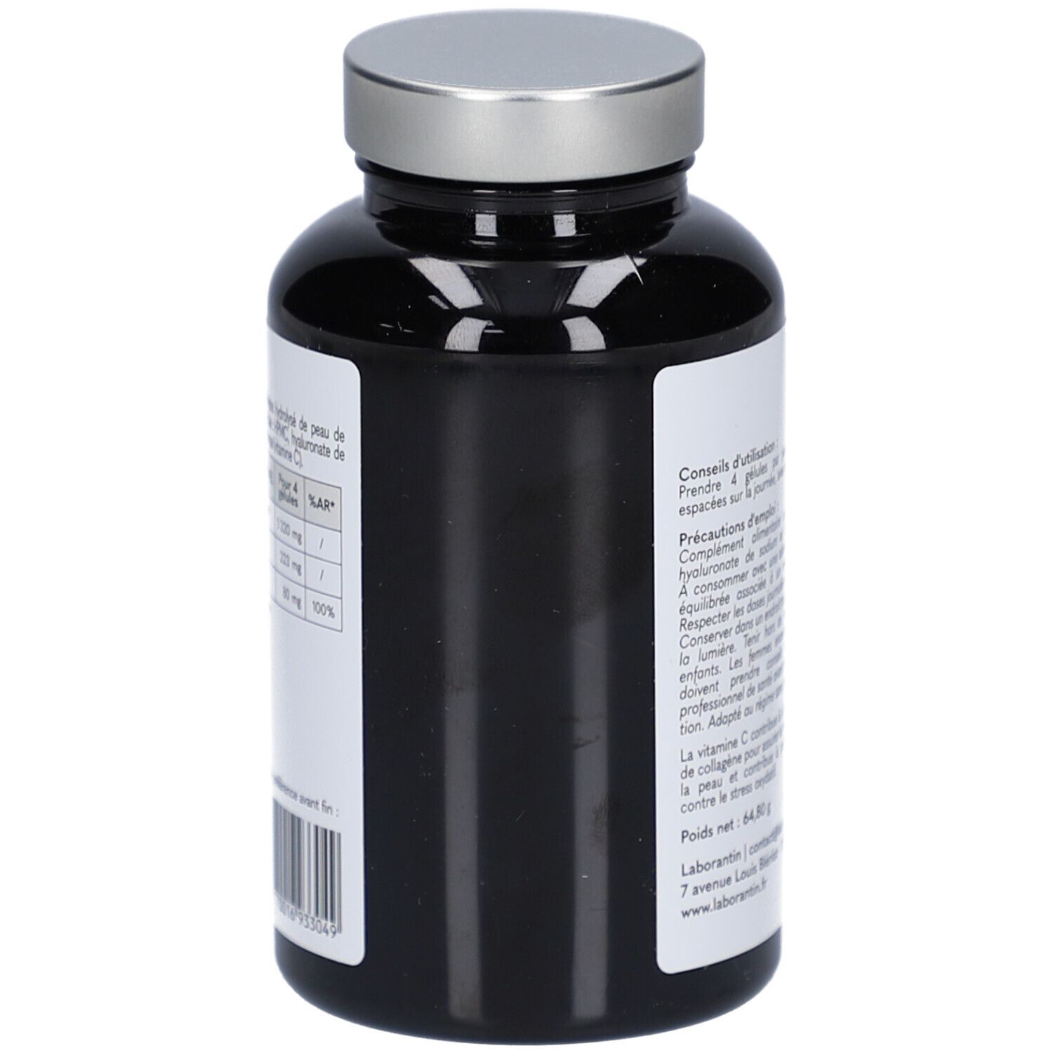 Flacon noir avec bouchon argenté. Étiquette avec informations nutritionnelles. Code-barres en bas.