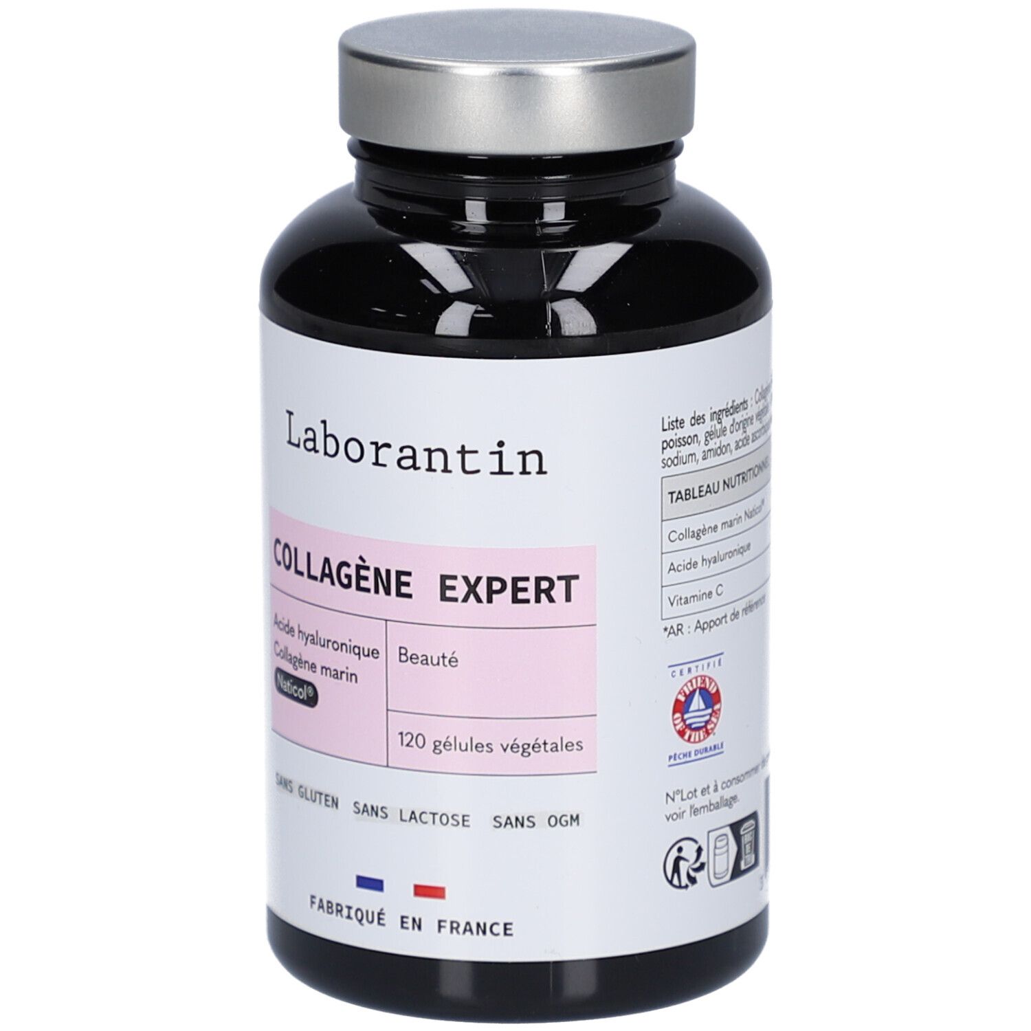 Flacon noir avec bouchon argenté. Étiquette "Laborantin", "Collagène Expert", ingrédients, 120 gélules et certifications.