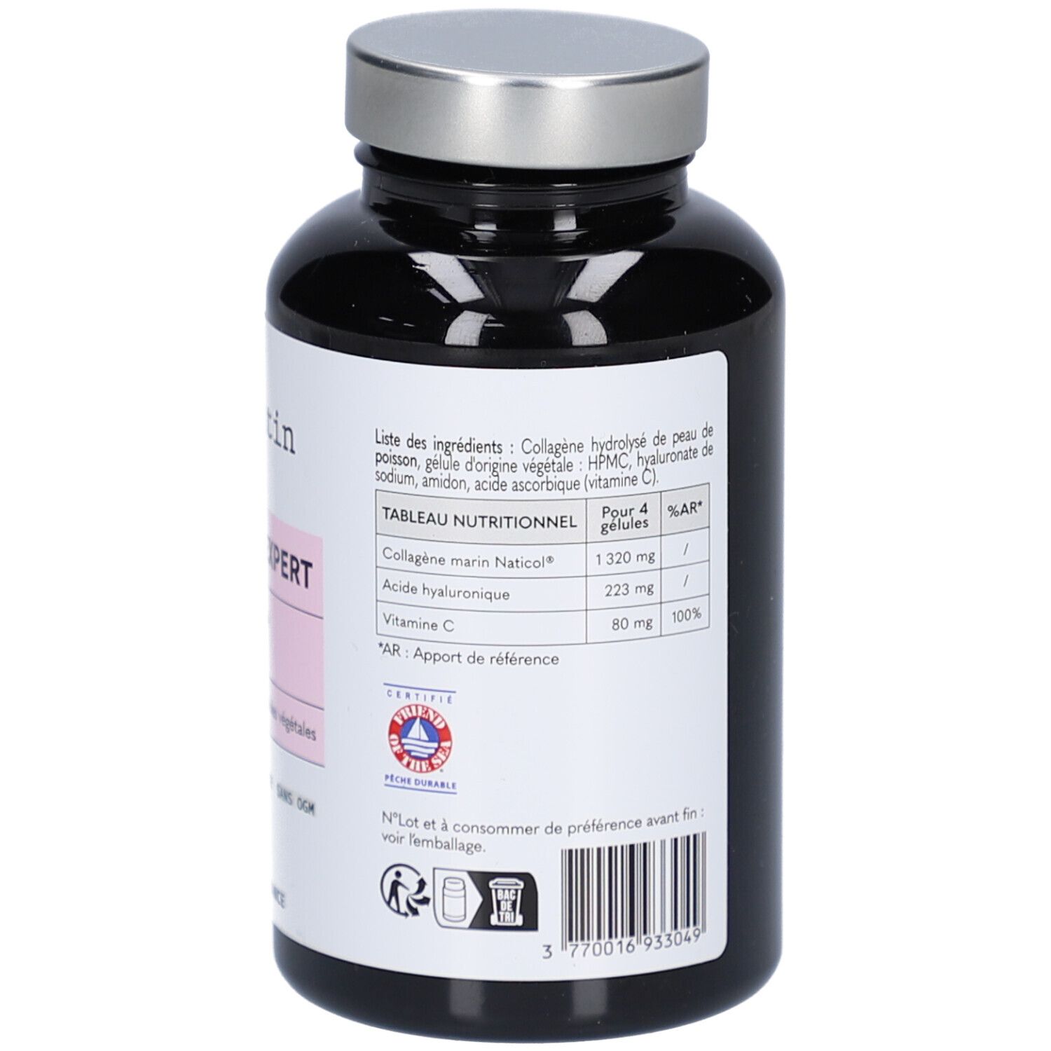 Dos du flacon noir. Étiquette avec ingrédients, informations nutritionnelles et certifications. Code-barres.