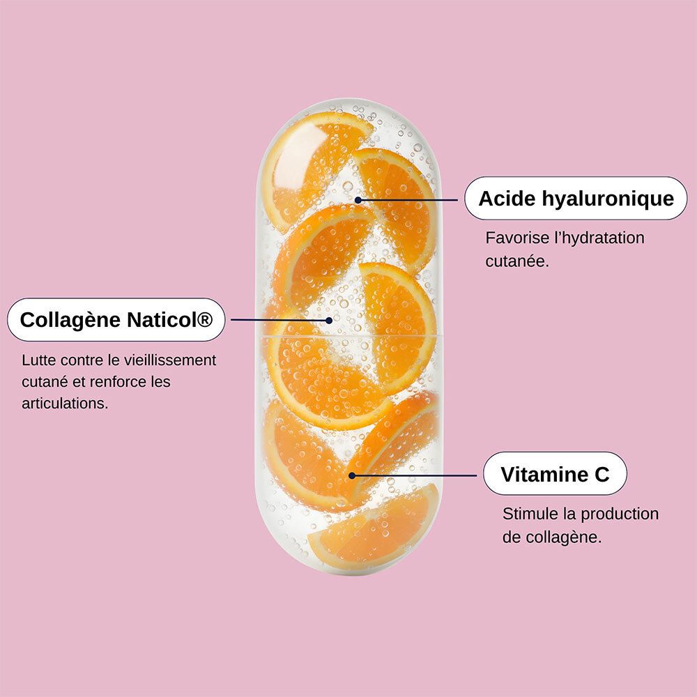 Gélule avec morceaux d'orange. Inscriptions: Acide hyaluronique, Vitamine C, Collagène Naticol. Favorise l'hydratation.