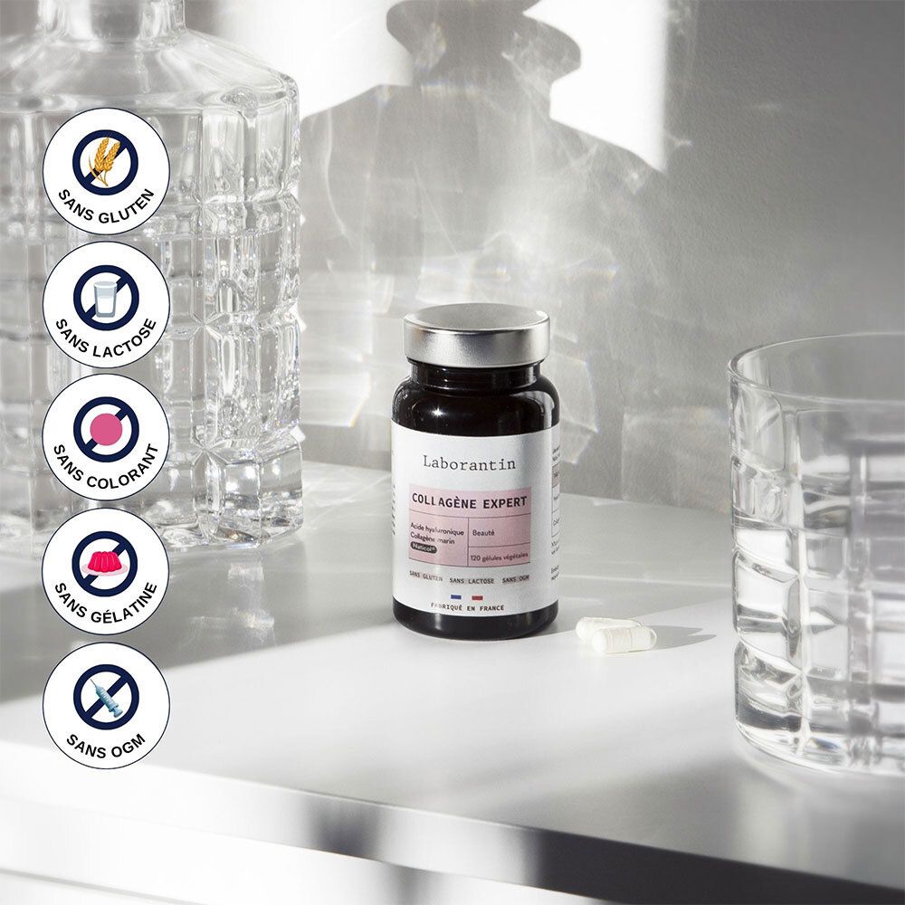 Flacon avec symboles: Sans gluten, lactose, colorants, gélatine, OGM. Nom du produit: Collagène Expert.
