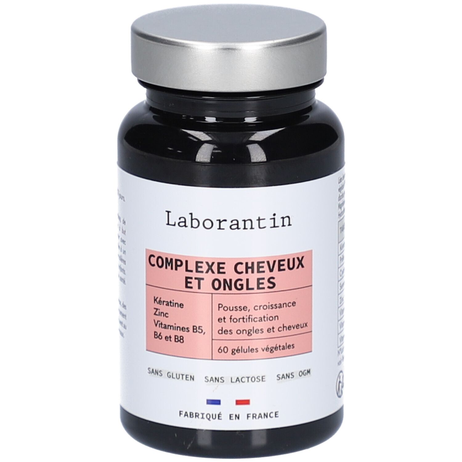 Flacon noir avec bouchon argenté. Étiquette avec nom du produit: Complexe Cheveux et Ongles. Contient 60 gélules.