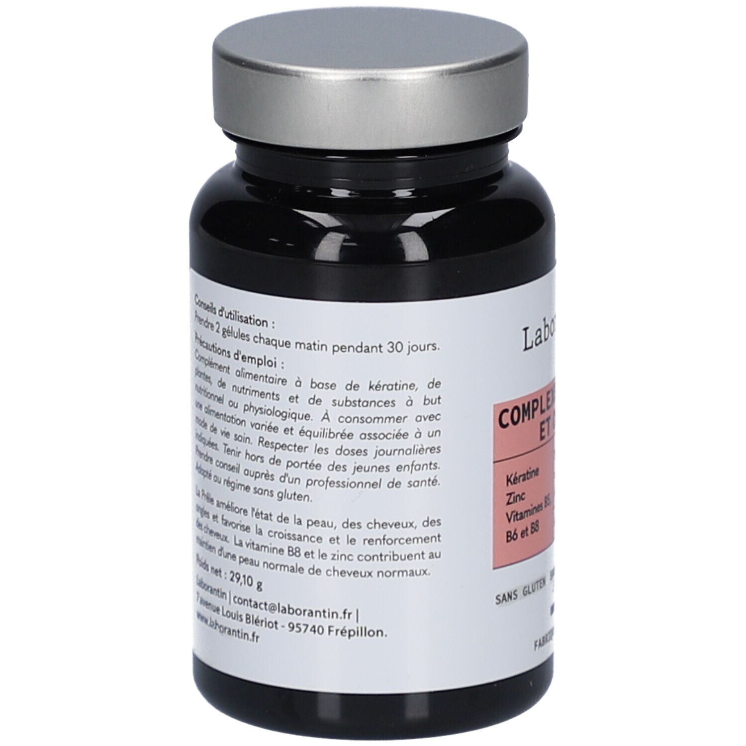 Dos du flacon. Étiquette avec informations d'utilisation, ingrédients et valeurs nutritionnelles. Marque: Laborantin.