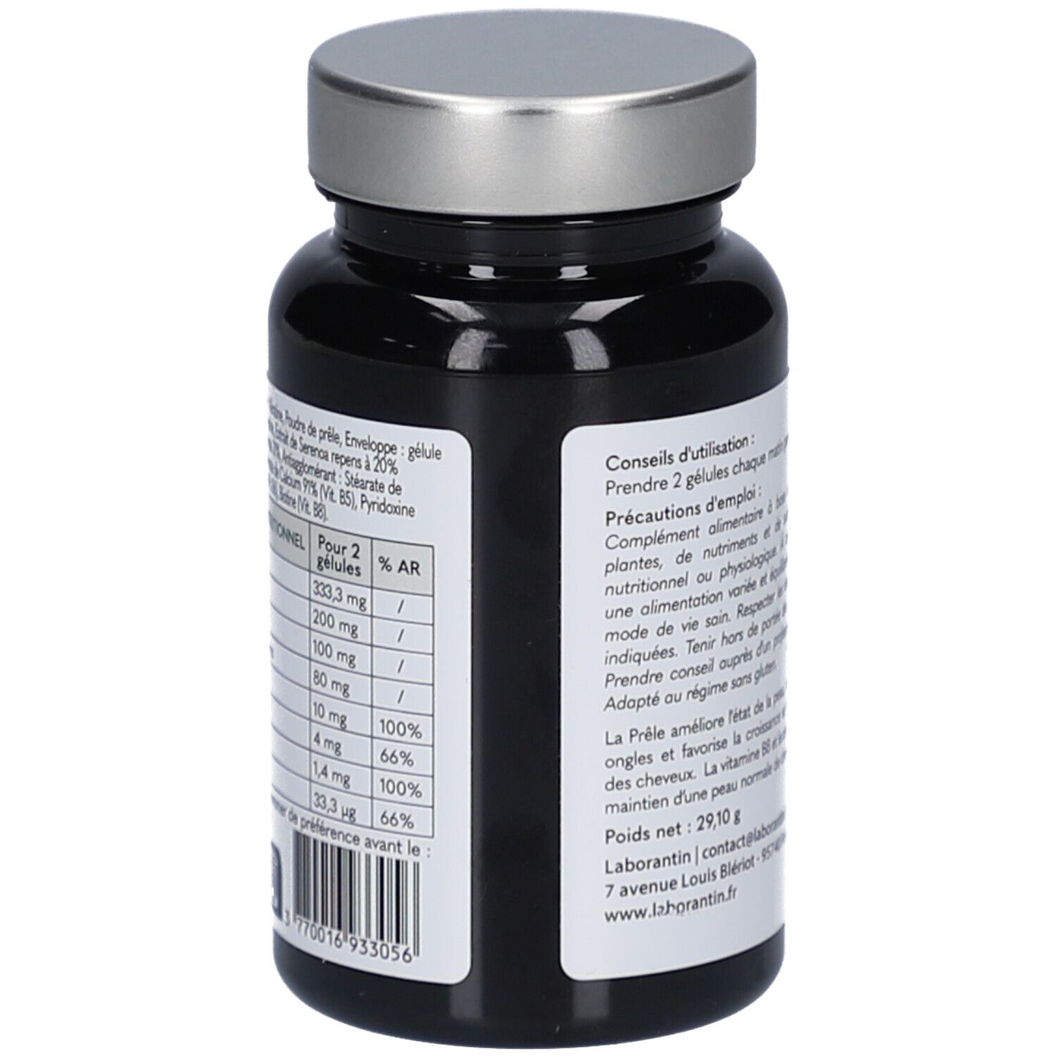 Dos du flacon. Étiquette avec tableau nutritionnel et conseils d'utilisation. Marque: Laborantin.