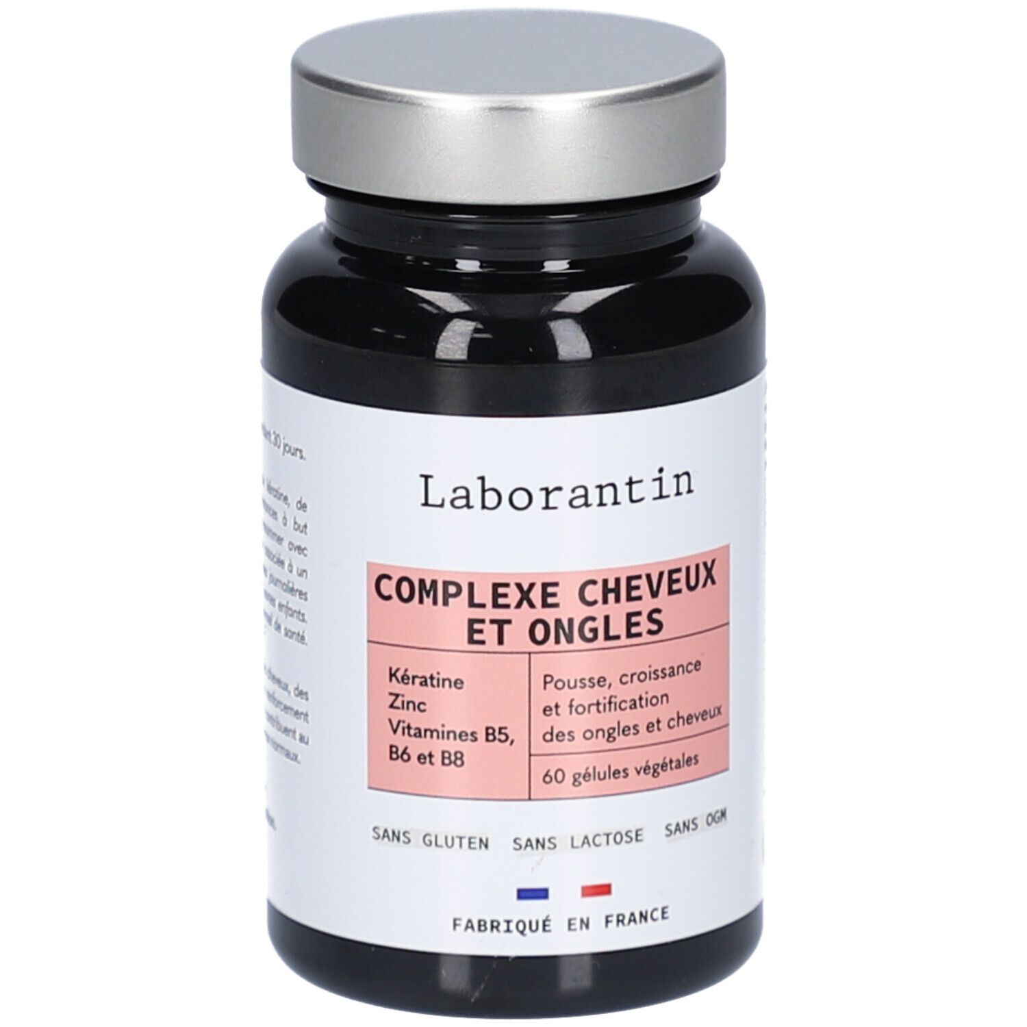 Flacon noir avec bouchon argenté. Étiquette avec nom du produit: Complexe Cheveux et Ongles. Contient 60 gélules.