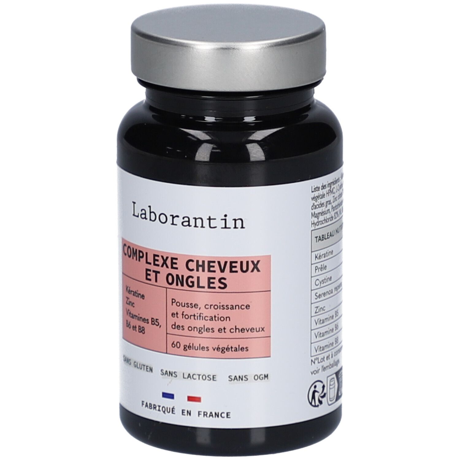 Flacon noir avec bouchon argenté. Étiquette avec nom du produit: Complexe Cheveux et Ongles. Contient 60 gélules.
