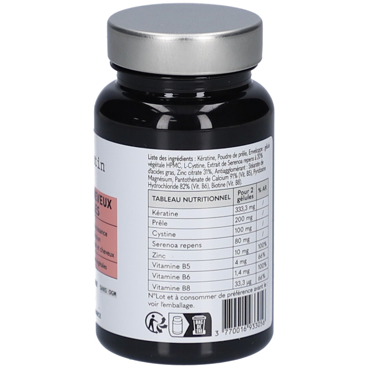 Dos du flacon. Étiquette avec ingrédients et tableau nutritionnel. Marque: Laborantin.