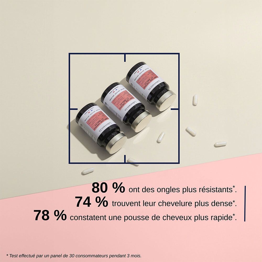 Trois flacons dans un carré. Texte: 80% ongles plus résistants, 74% cheveux plus denses, 78% pousse plus rapide.