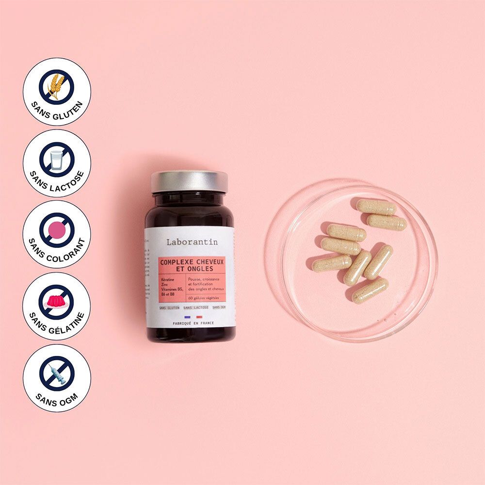 Flacon avec symboles: Sans gluten, sans lactose, sans colorant, sans gélatine, sans OGM. Gélules.