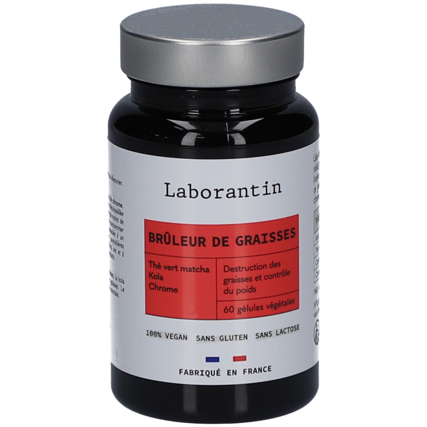 Flacon noir avec couvercle argenté. Étiquette avec nom du produit et ingrédients. Inscription : Brûleur de graisses.