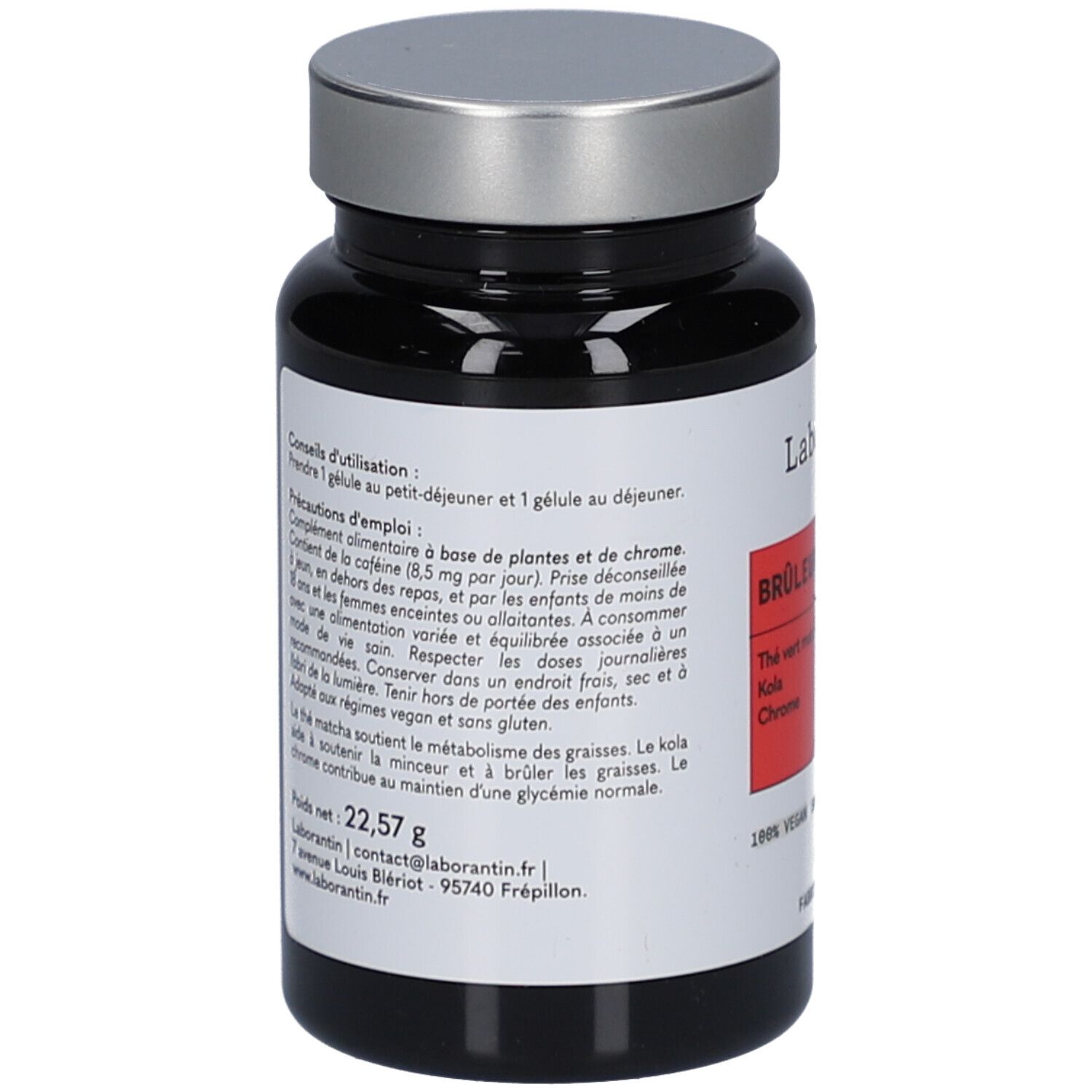 Dos du flacon noir. Étiquette avec mode d'emploi et ingrédients. Poids net : 22,57 g. Fabriqué en France.