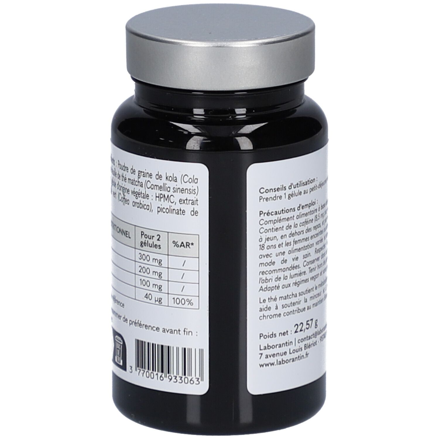 Dos du flacon noir. Étiquette avec ingrédients et tableau nutritionnel. Code-barres et informations fabricant.