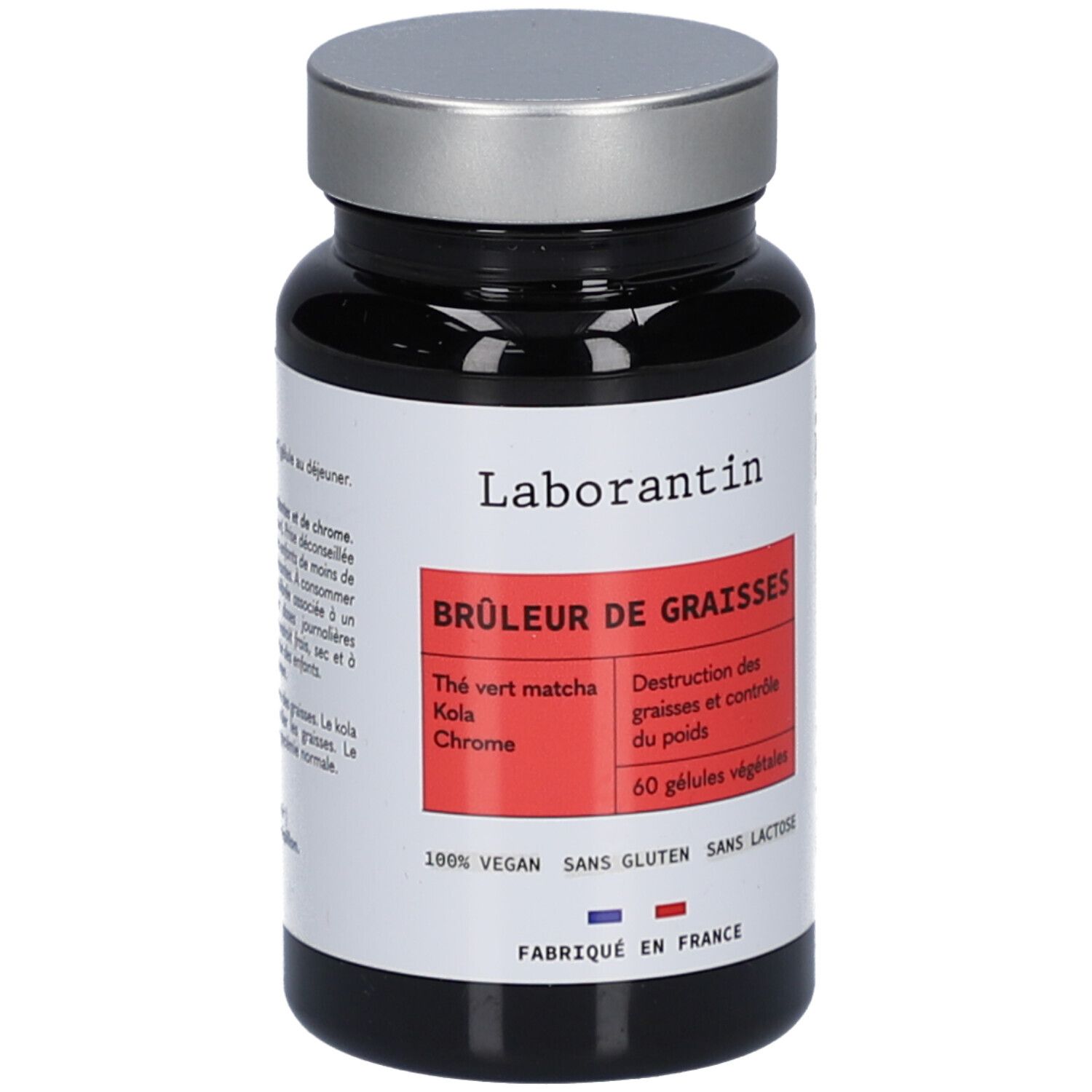 Flacon noir avec couvercle argenté. Étiquette avec nom du produit et ingrédients. Inscription : Brûleur de graisses. 60 gélules.