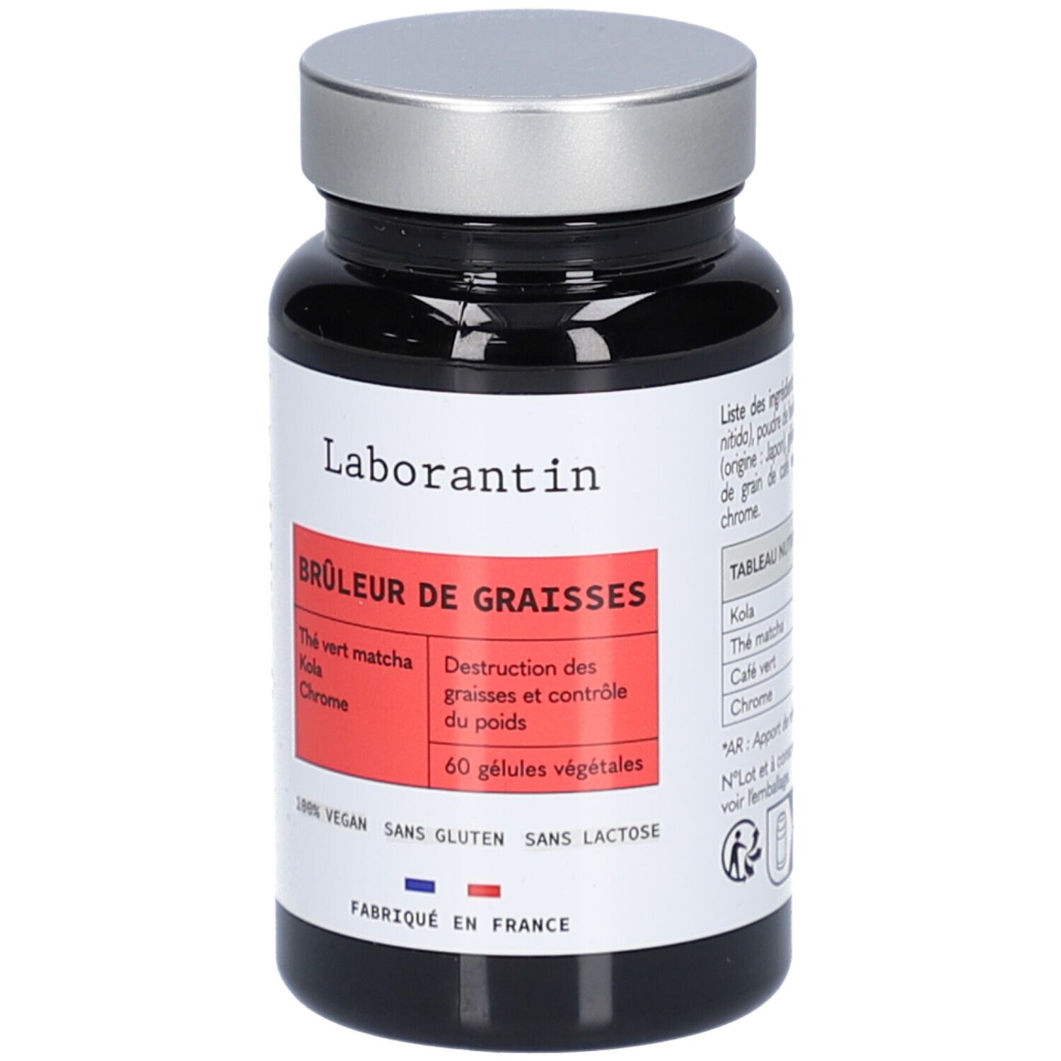 Flacon noir avec couvercle argenté. Étiquette avec nom du produit et ingrédients. Inscription : Brûleur de graisses. 60 gélules.