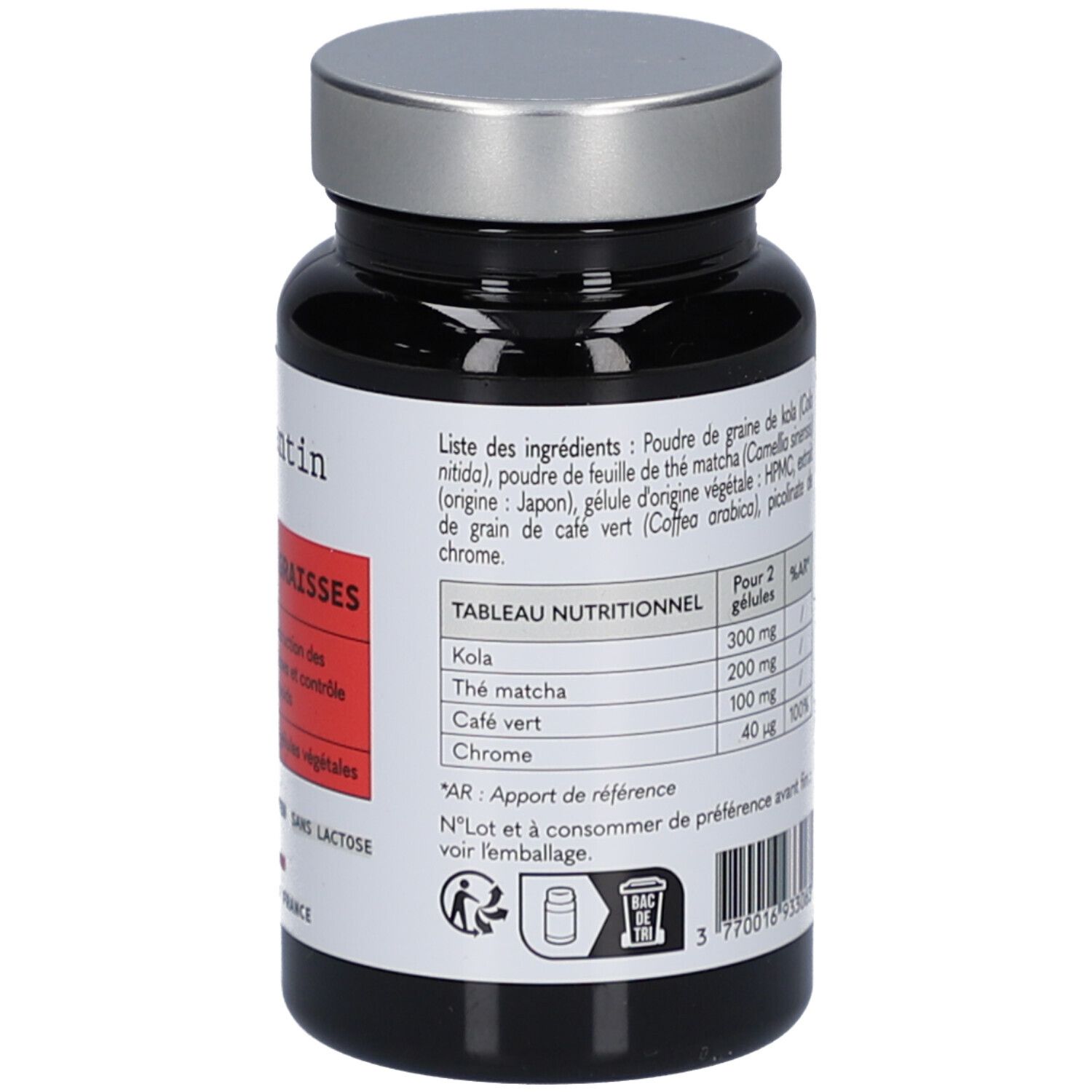 Dos du flacon noir. Étiquette avec ingrédients et tableau nutritionnel. Code-barres et informations fabricant.