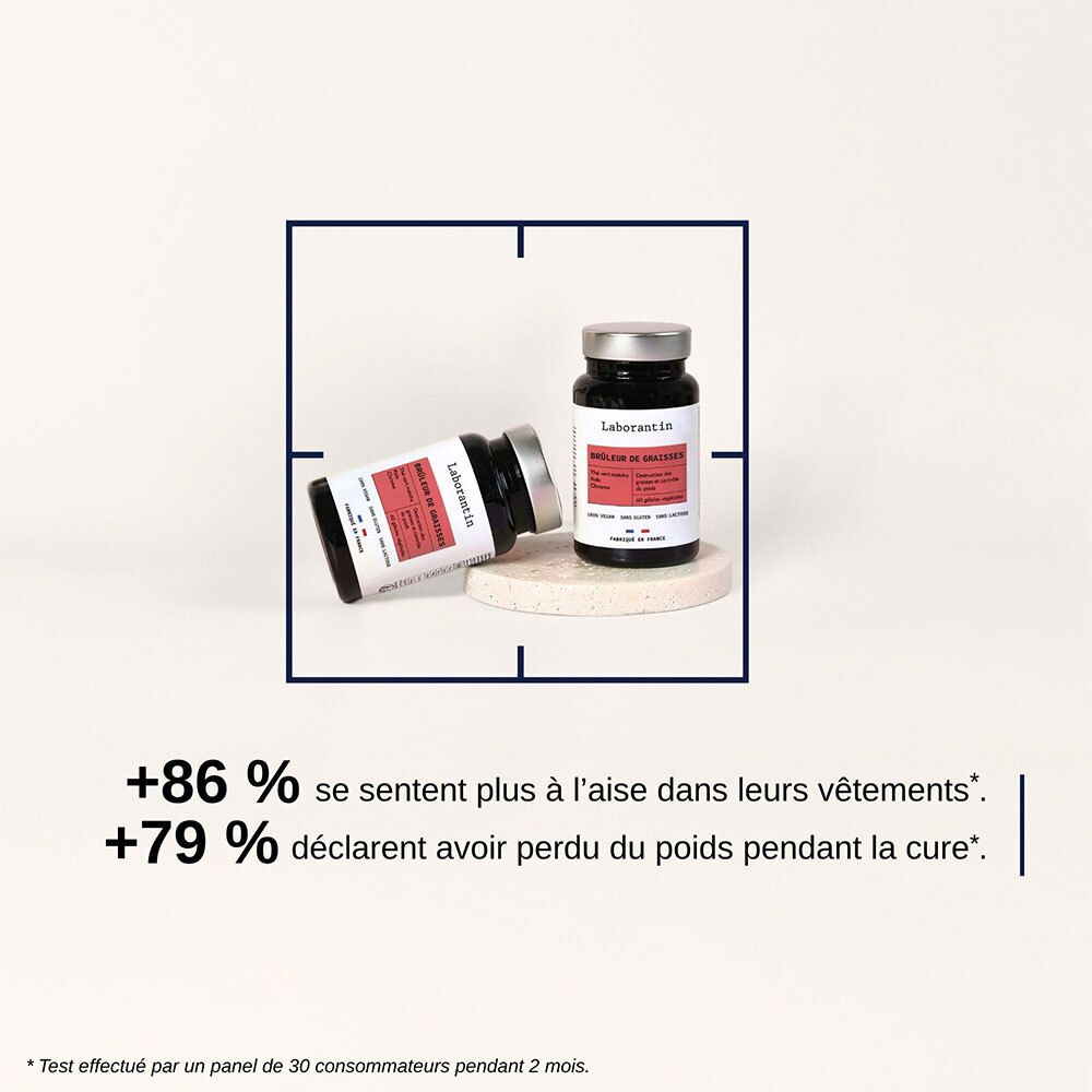 Deux flacons sur une surface. Inscription: Laborantin, Brûleur de Graisses. Résultats: +86% se sentent mieux, +79% ont perdu du poids.