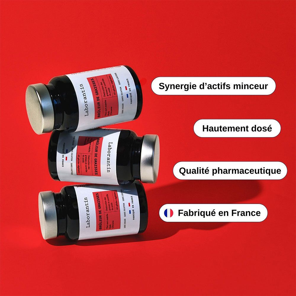 Trois flacons. Inscription: Laborantin, Brûleur de Graisses. Mots-clés: Synergie, Hautement dosé, Qualité pharmaceutique, Fabriqué en France.