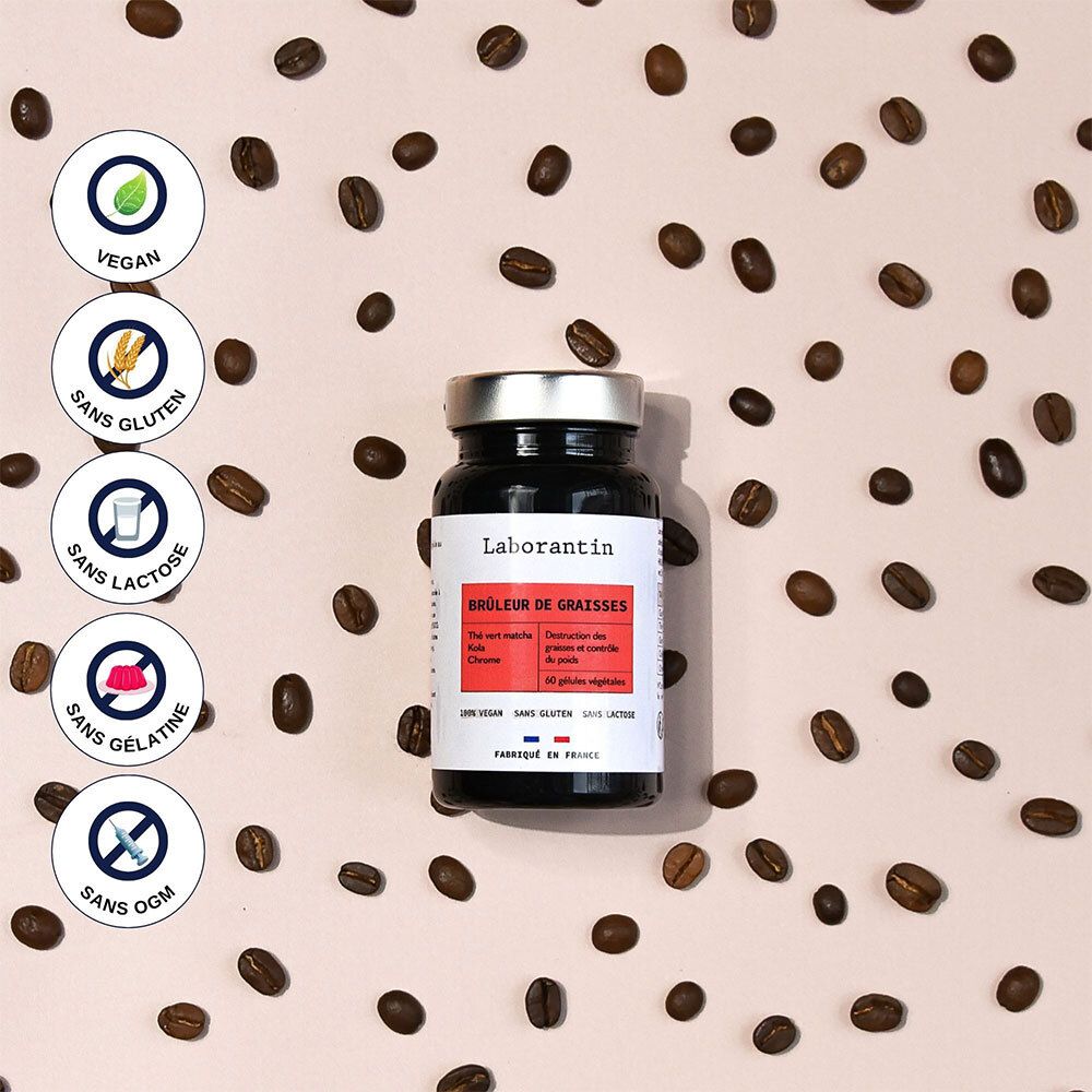 Flacon entouré de grains de café. Inscription: Laborantin, Brûleur de Graisses. Vegan, sans gluten, sans lactose, sans gélatine, sans OGM.