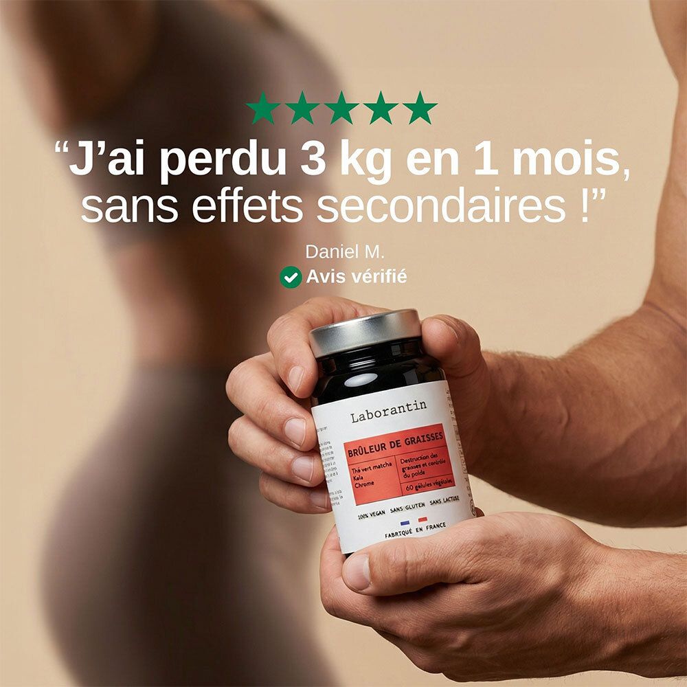 Homme tenant un flacon avec étiquette rouge. Texte : Brûleur de Graisses. Citation : J'ai perdu 3 kg en 1 mois, sans effets secondaires !