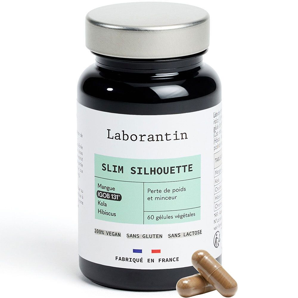 Flacon noir avec gélules. Inscription Laborantin, Slim Silhouette. 60 gélules végétales. Vegan, sans gluten, sans lactose. Fabriqué en France.