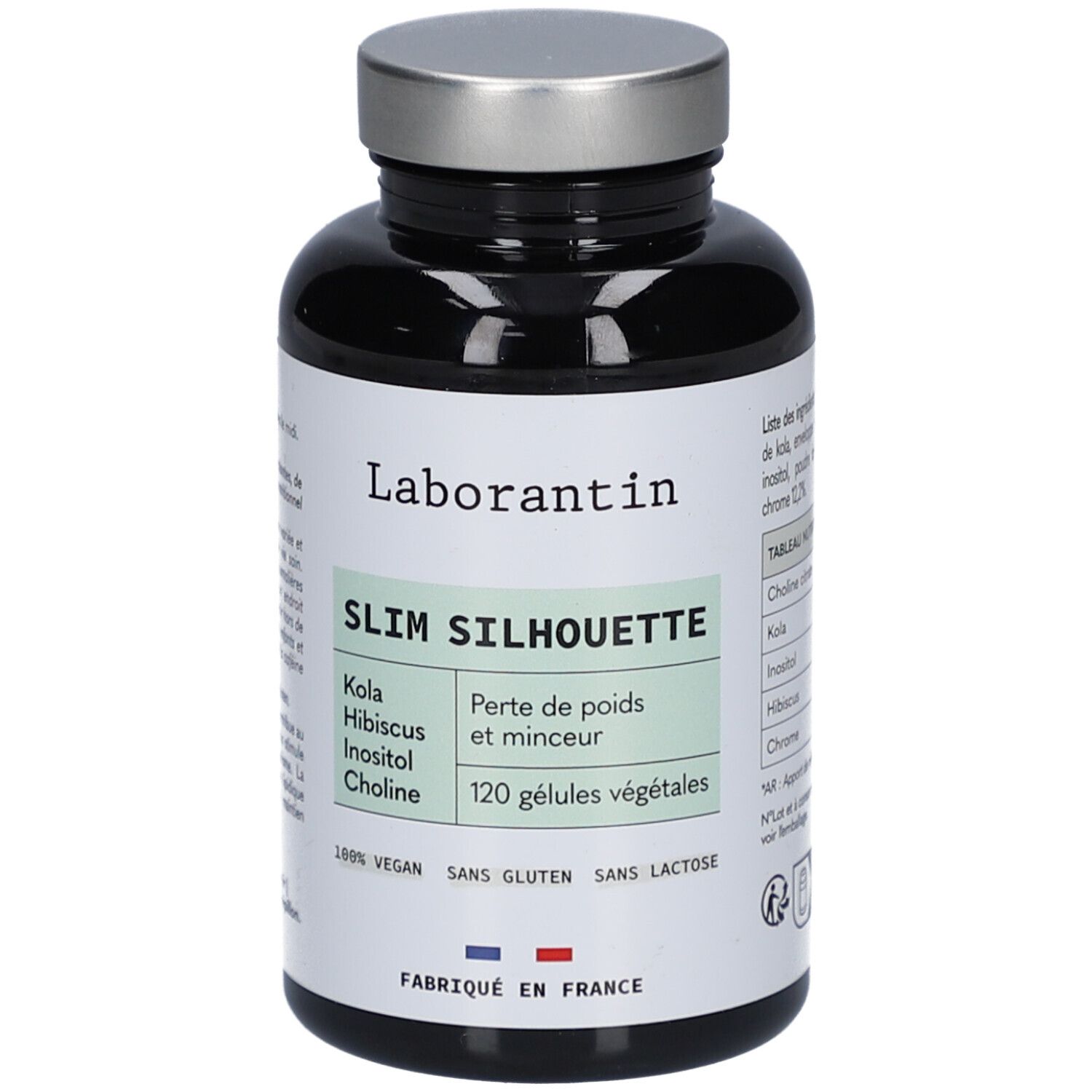 Flacon noir, bouchon argenté. Inscription: Laborantin, Slim Silhouette, 120 gélules. Vegan, sans gluten, sans lactose.