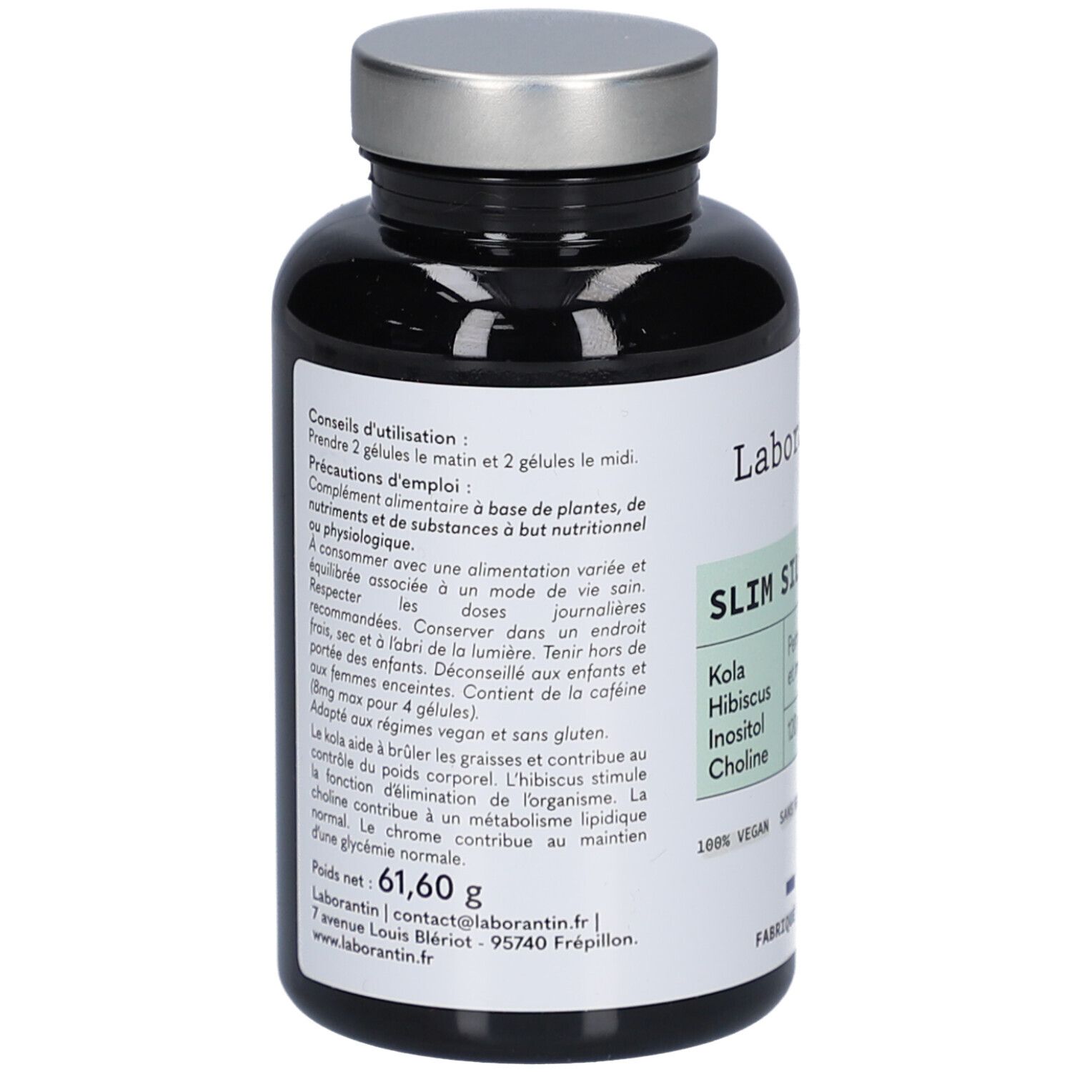 Dos du flacon noir. Texte: Conseils d'utilisation, ingrédients, poids net 61,60 g. Adresse Laborantin.